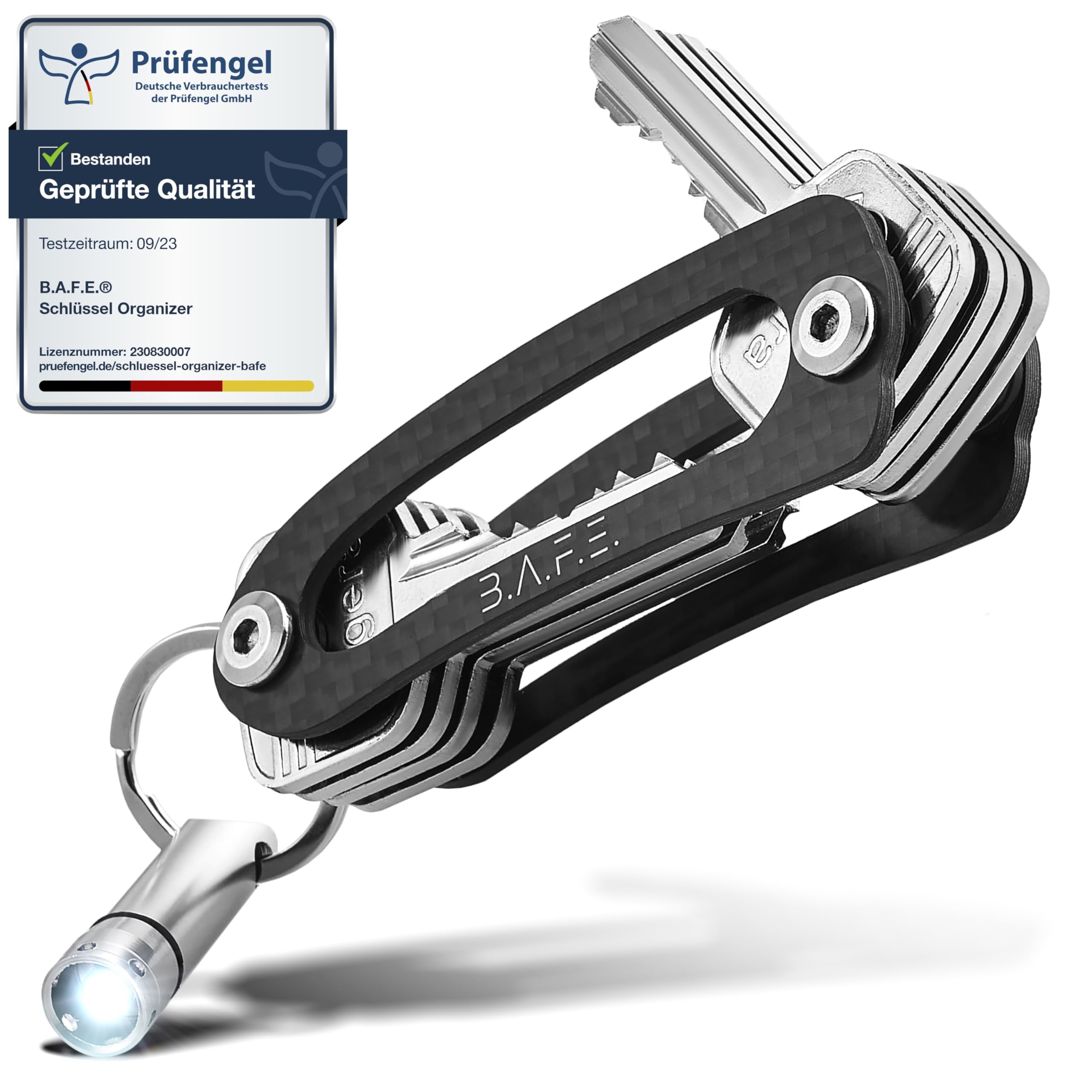 B.A.F.E.® - Key Organiser [+] Free Torch [-] Up to 12 Keys - Your Helper in Everyday Life - Key Organiser - Practical Key Pocket - Key Ring - German Family Business, Natural carbon