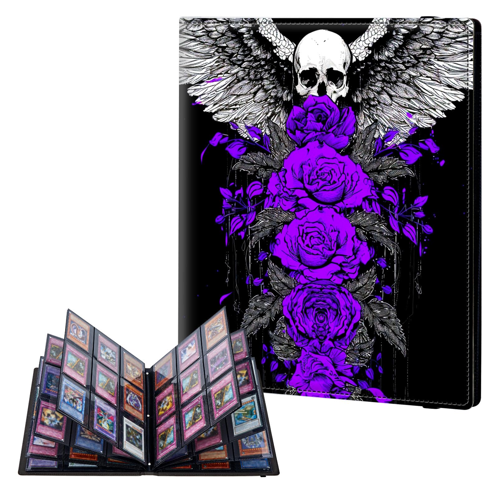 ETLKJVBL 9 Pocket Trading Card Binder, Card Collection Binder for TCG, MTG, Sports Cards, Baseball, Purple Roses Skull Angel Wing Trading Card Book Holder for Collectors, Top Loader Binder