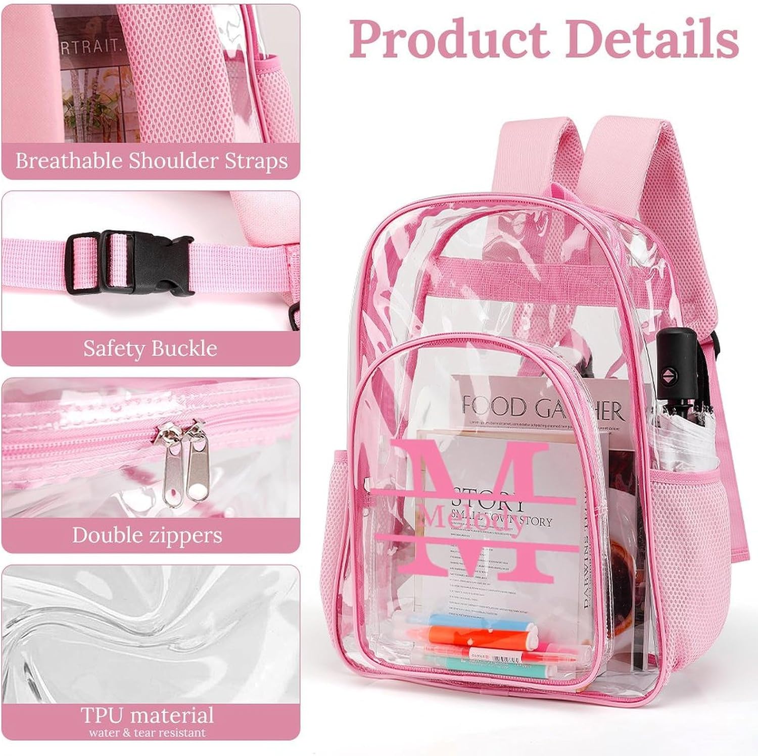Personalized Letter Monogrammed Clear Backpack PVC See Through Transparent Backpack for Girls Women with Name Reinforced Strap & Large Capacity Back to School Gifts - Clear/Pink