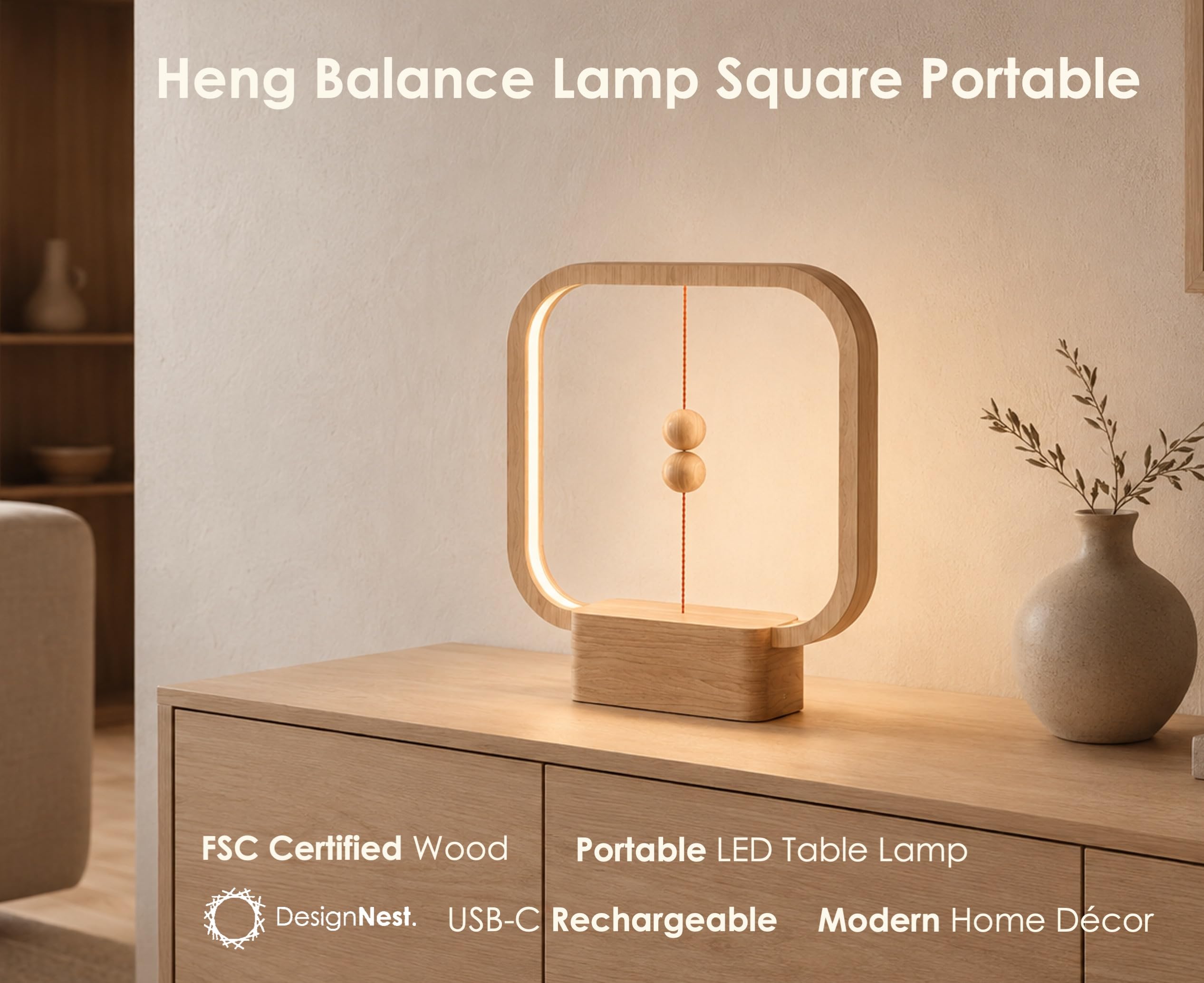 Allocacoc Heng - Lámpara de equilibrio portátil; cuadrada de madera real, recargable por USB-C, interruptor interactivo de gravedad magnética, lámpara LED de mesa, dormitorio, sala de juegos, sala de