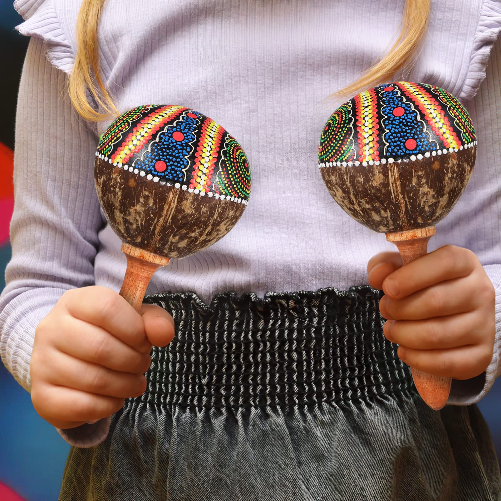 Grand Shaker à Maracas En Noix De Coco – Hochet D'instrument De Musique à Percussion Du Monde Par World Percussion USA – Design Peint, Poignée Teintée