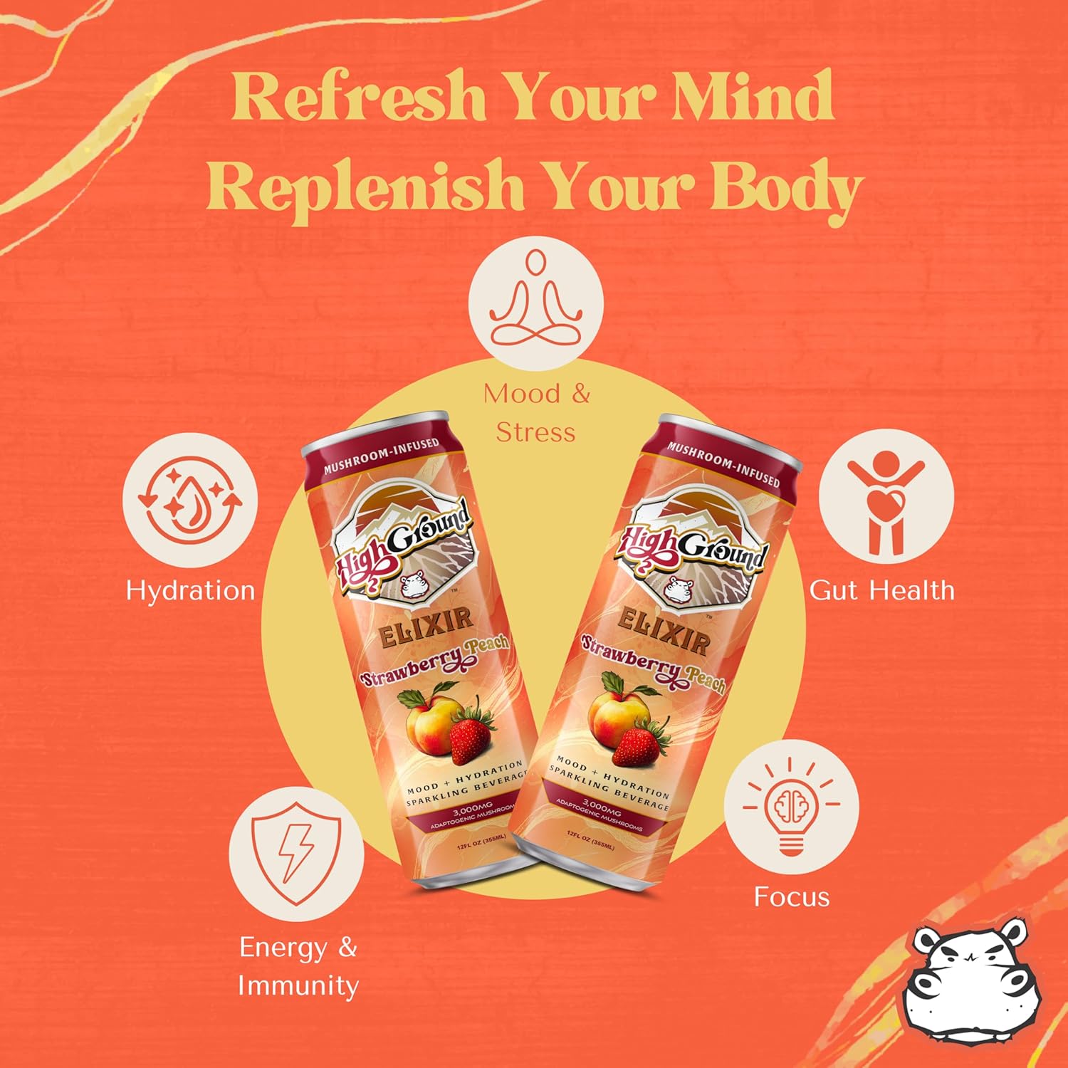 81huHGJBRcL._SL1500_ High Ground Elixir Mushroom Seltzer – Strawberry Peach | Lion’s Mane for Focus, Reishi for Stress, Cordyceps, Chaga, Turkey Tail, L-Theanine | Adaptogen Drink | Low Cal, No Added Sugar, 12oz Cans, 6 Pack