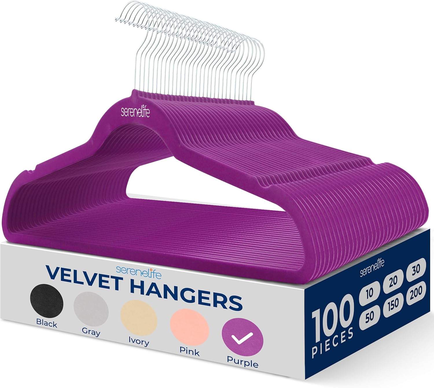 SereneLife 100 Pack Velvet Hangers - Non-Slip Felt with 360° Swivel Hook, Space-Saving, Ultra-Thin, Lightweight for Shirts, Sweaters, Hoodies, Kids Clothes & Dresses Purple 100 Pack