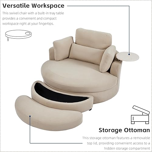 Miniatura 6 de Yoglad Silla redonda giratoria de gran tamaño, sillas de 360 grados con bandeja otomana para reposabrazos ideal para sala de estar, dormitorio (pana