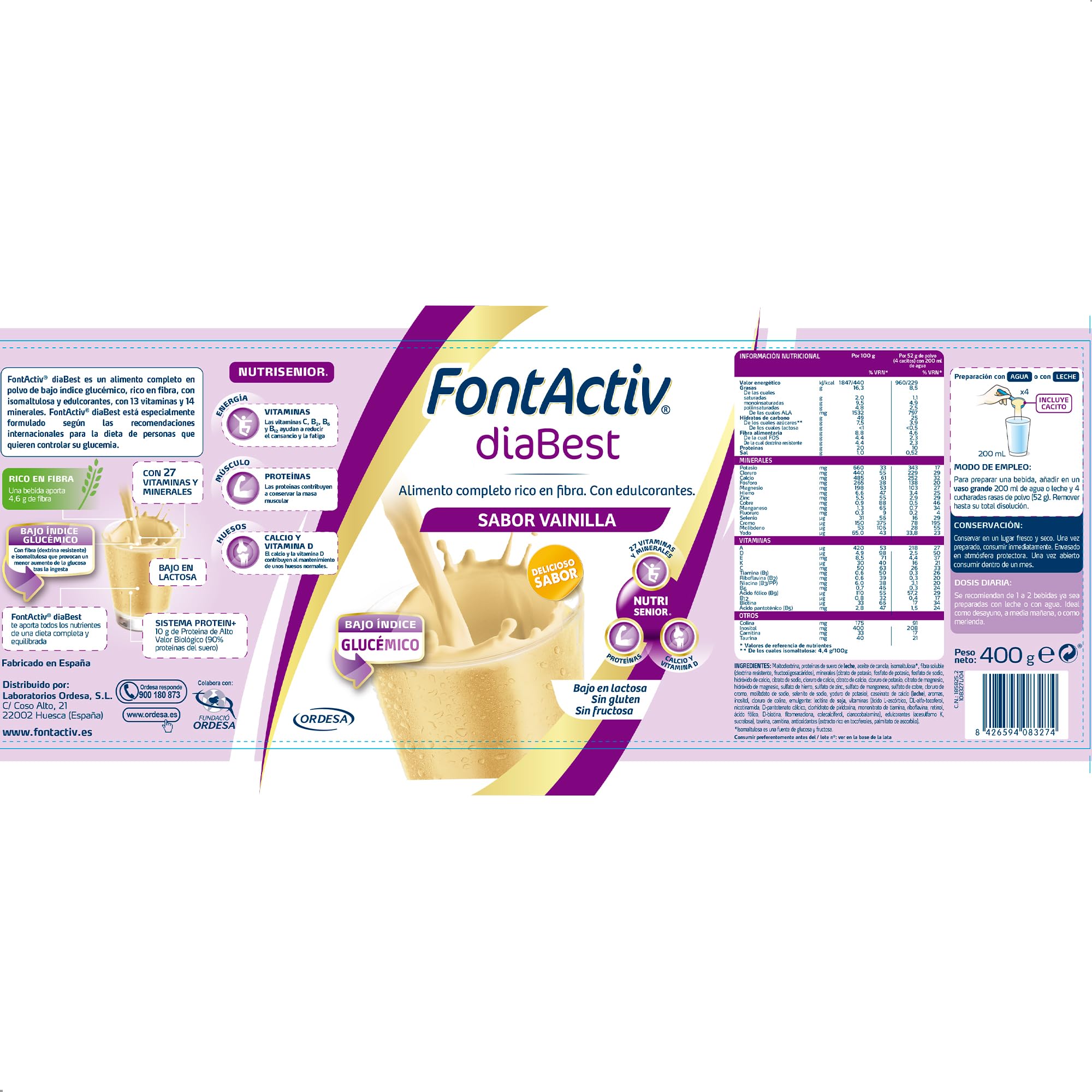 FontActiv diaBest Vainilla | 400g | Suplemento Nutricional con Fibra de Bajo Índice Glucémico para Adultos y Mayores