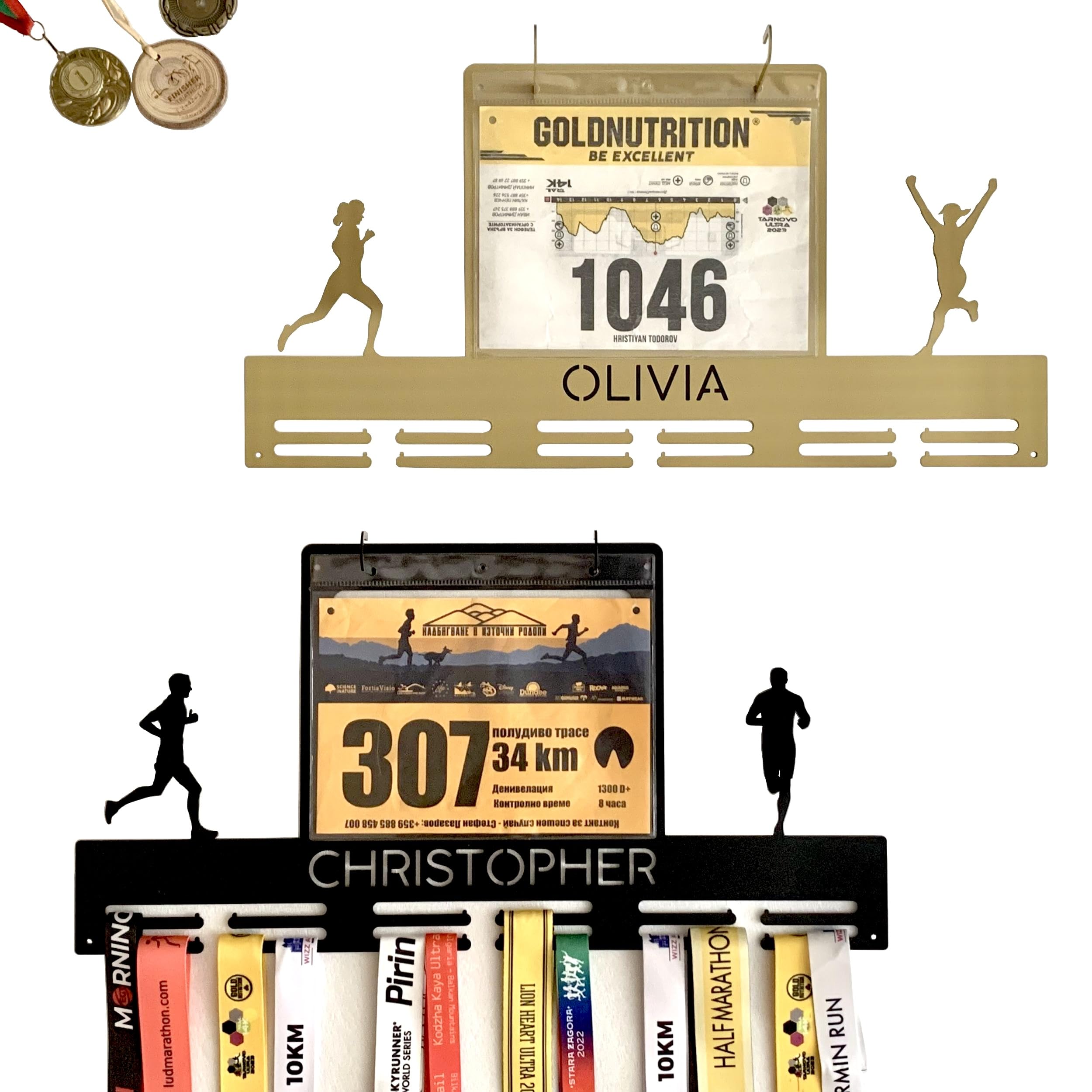 FranJohnsonHouse Personalised Race Bib and Medal Holder with Custom Name, Metal Running Hanger, Medal Display Rack with 10 Bib Sleeves