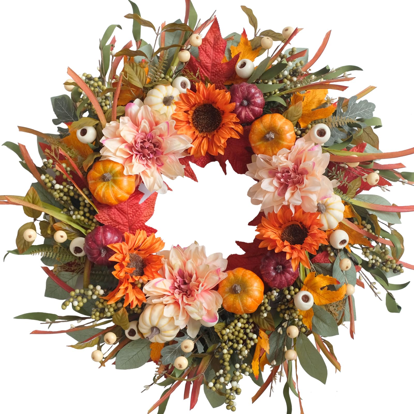 24 Inch Fall Wreaths for Front Door Artificial Flower Wreath with Sunflowers Pumpkin Leaves Large Autumn Farmhouse Wreath for Inside Outside Wall Porch Harvest Thanksgiving Day Decor