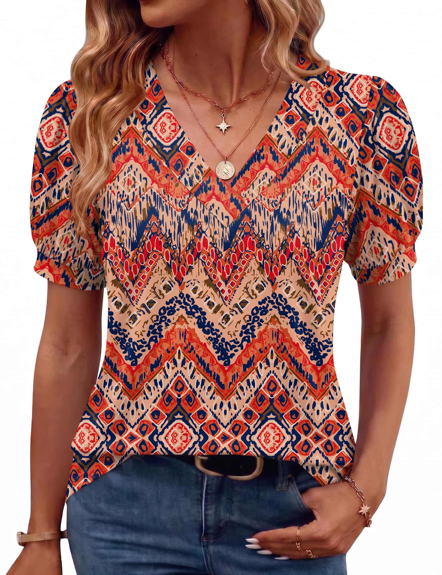 Rapbin Damen Bluse Kurzarm V-Ausschnitt Puff Oberteile Locker Blusen Sommer 2026 Top Elegant Mit Kurzen Ärmeln T-Shirt
