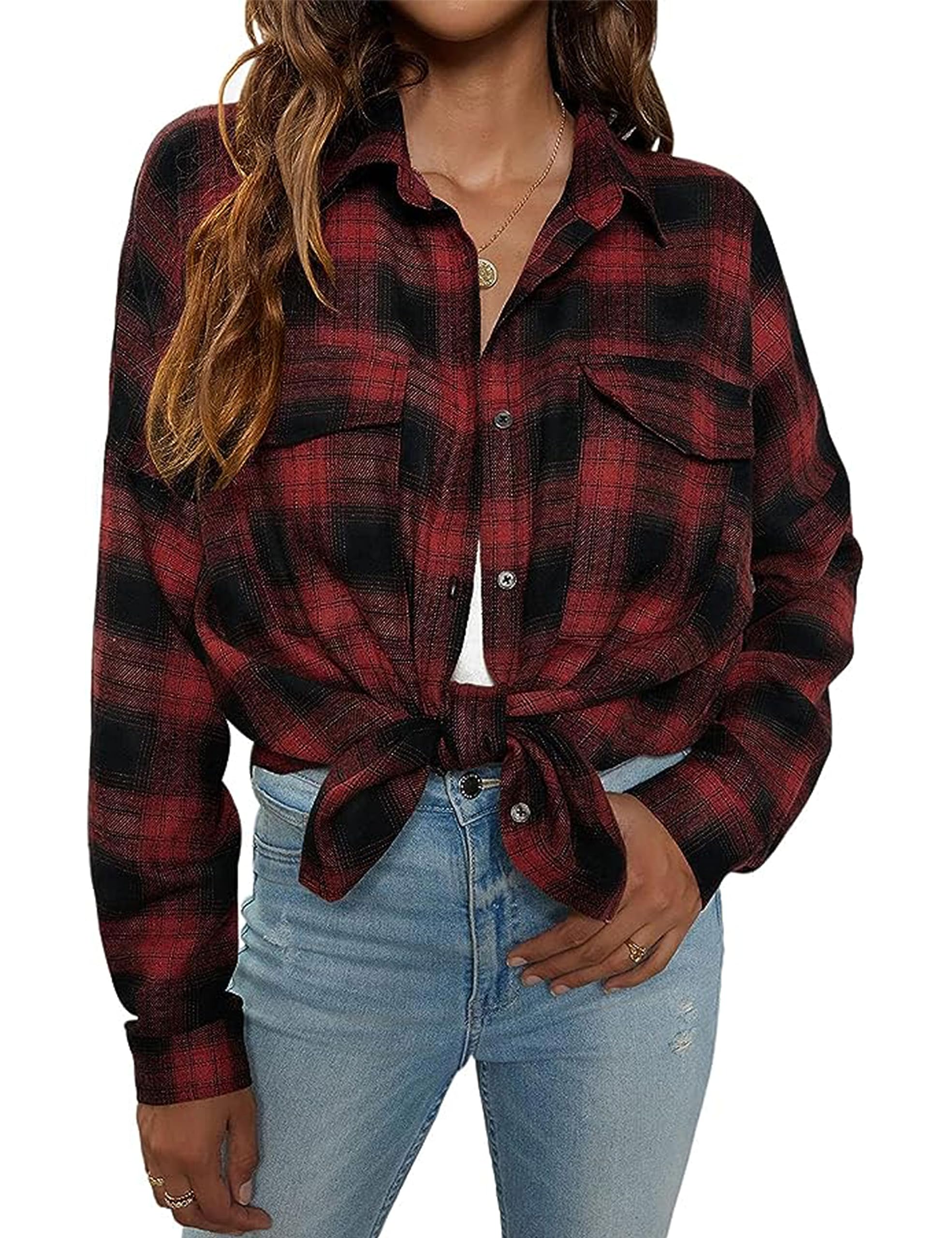 Zontroldy Camisas de franela a cuadros para mujer, de gran tamaño, ligeras, a cuadros, con botones, 02 Rojo, M