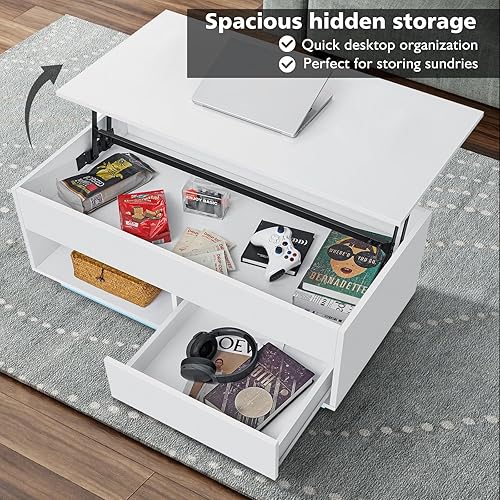 Miniatura 5 de HOMMPA Morden - Mesa de centro elevable con almacenamiento LED, mesa de centro de alto brillo, mesa de té moderna de 3 niveles con mesas centrales