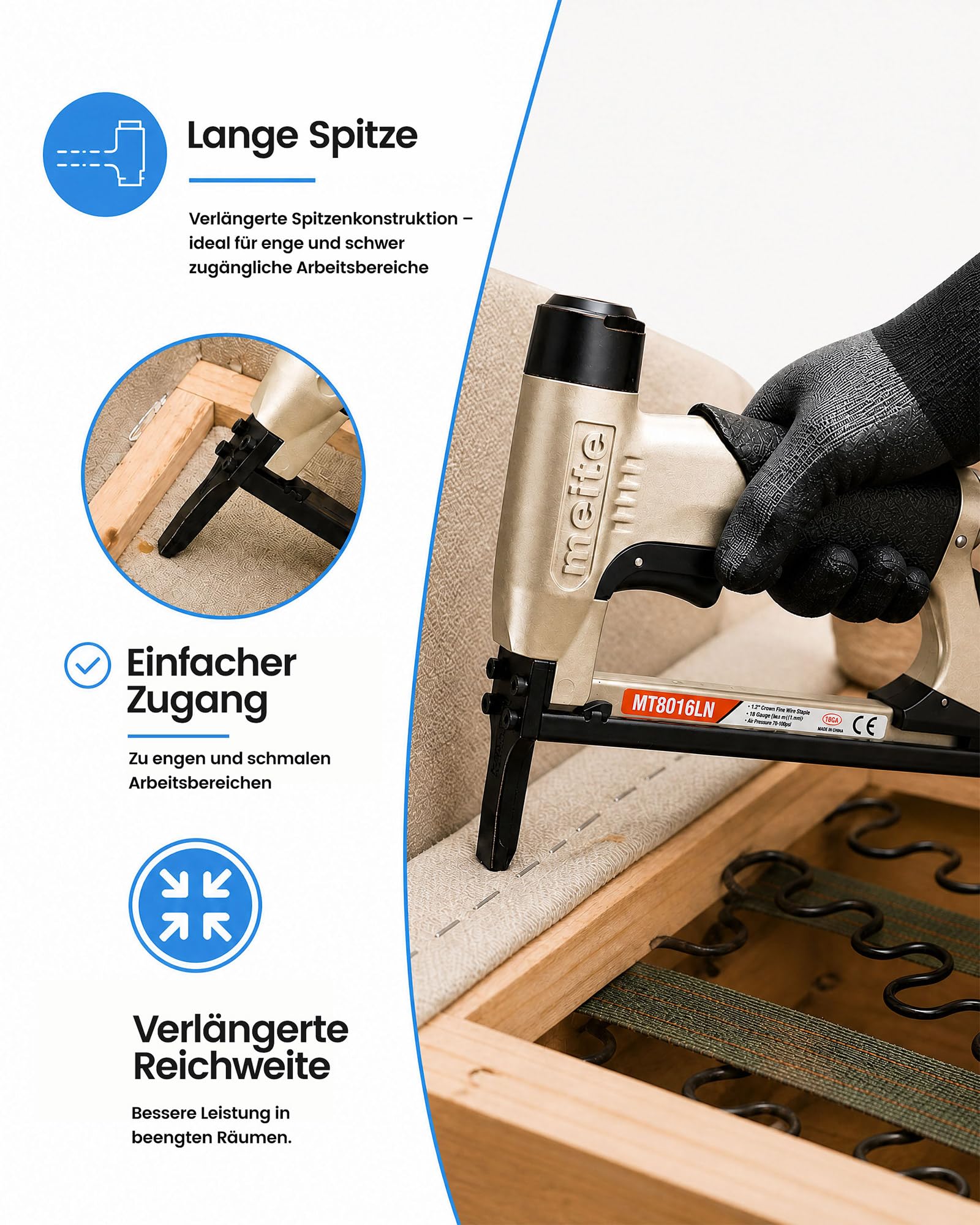 meite MT8016LN Drucklufttacker 80 mit Langnase, kompatibel mit Typ 80 Tackerklammern 6–16 mm, Leichte Drucklufttacker für präzise Polsterarbeiten, Möbel, Holz, Leder und Innenausbau