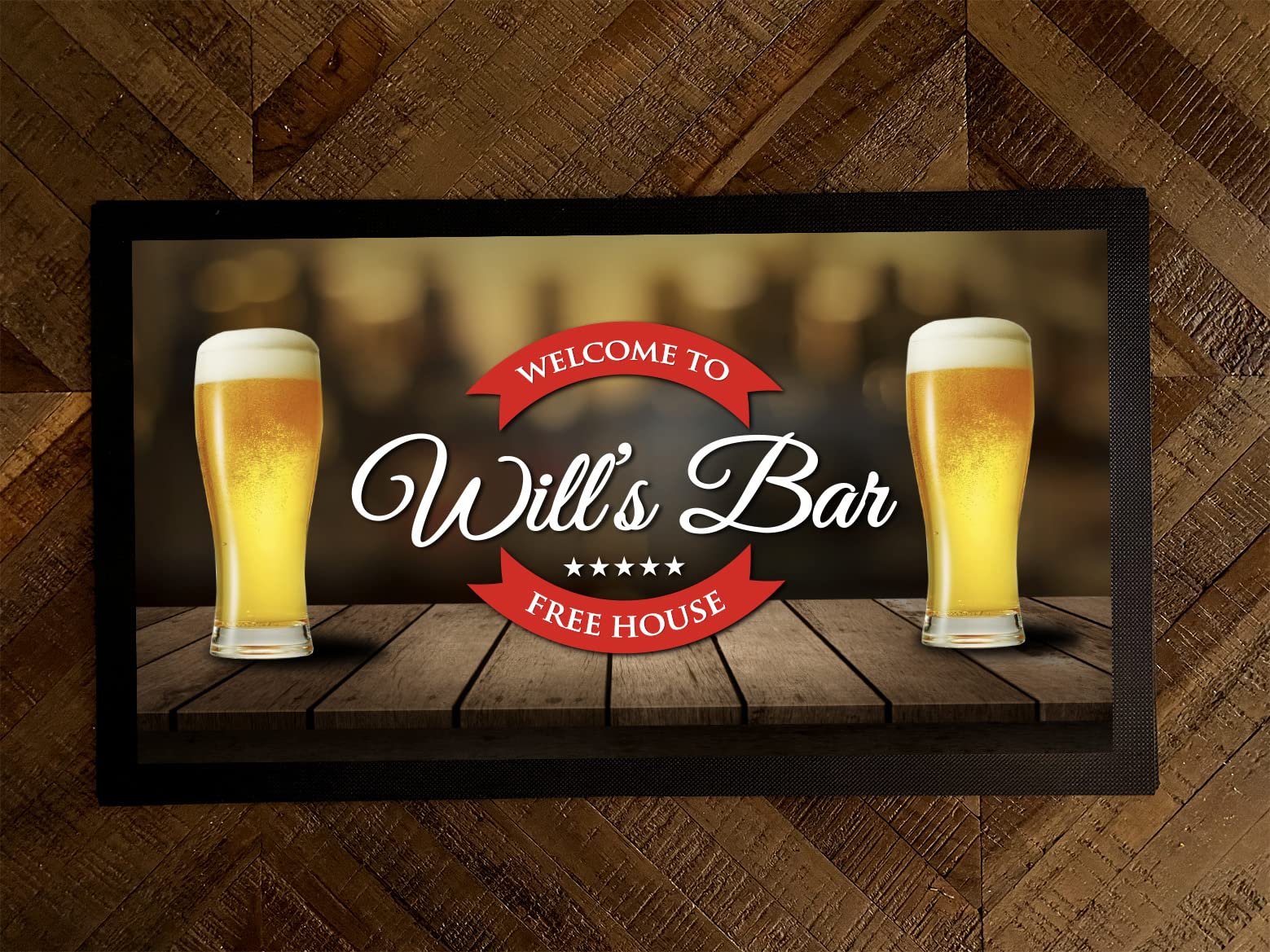 Personalised Bar Runner Mat - Red Beer Label Home bar Accessories Beer mat V2