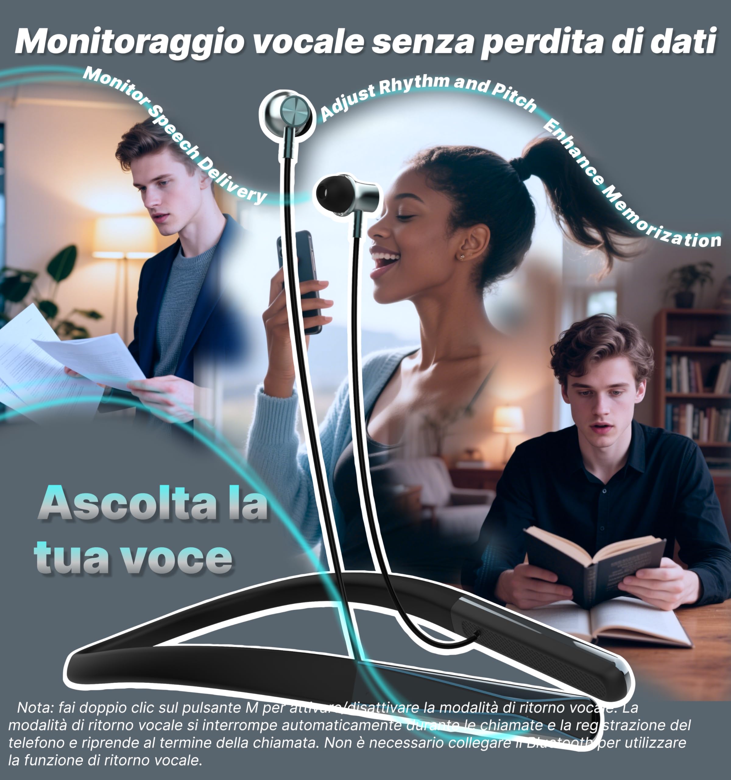 Hmusic H08 Cuffie con Archetto da Collo, Monitoraggio vocale in tempo reale | Impermeabile IPX5, 35 Ore di Autonomia, Auricolari magnetici Bluetooth 6.0, Microfono Al ENC, Display digitale a LED