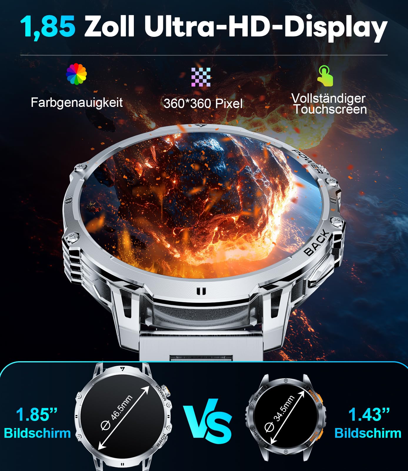 Orologio Smartwatch Uomo con Batteria da 1000 mAh, 1,85'' Ampio Schermo Smart Watch Militare con Torcia LED, Chiamate per Android iOS, Impermeabile IP68, 120 Modalità Sportive Fitness Tracker, Argent