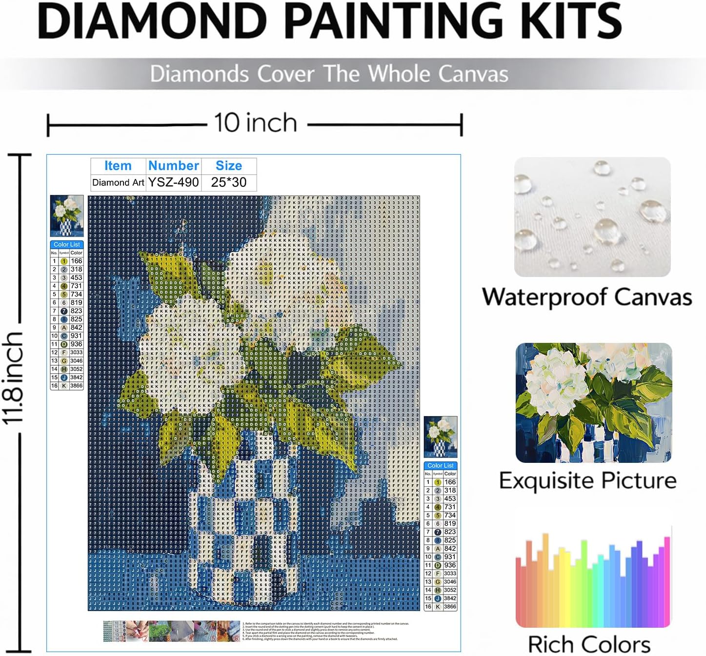 FOPENEM Hydrangea Floral Diamond Painting Kit for Adults Beginners 9.8x11.8 Inch, Cottagecore Abstract Blue and White Checked Vase Flower Gem Diamond Painting Art Kits for Home Wall Decor