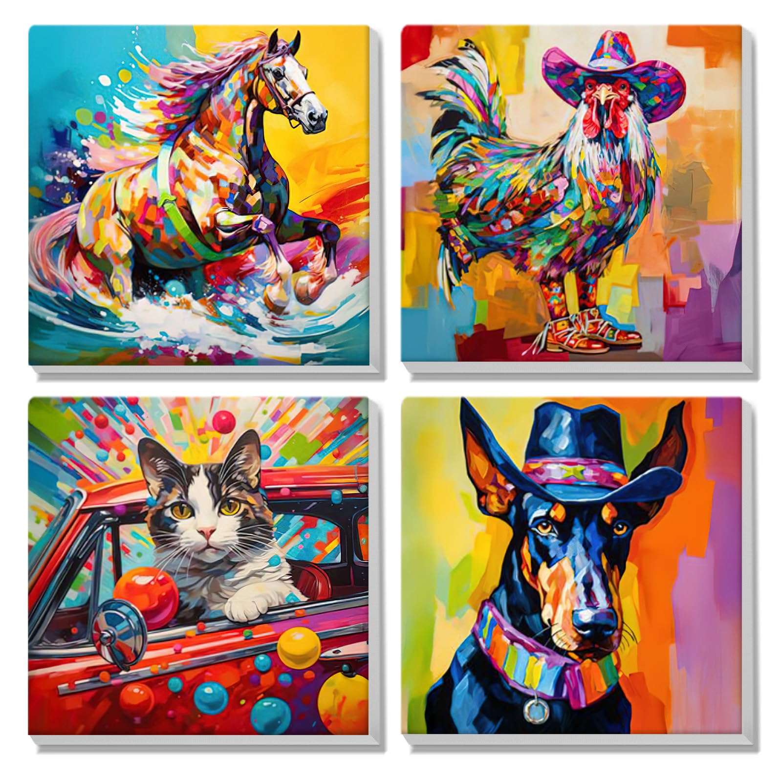 MISCER 4 Pack Paint by Numbers for Adults Beginner, Colorful Animals Paint by Number Kits for Kids, Cat DIY Acrylic Oil Painting Suitable for Home Decoration (8x8inch)