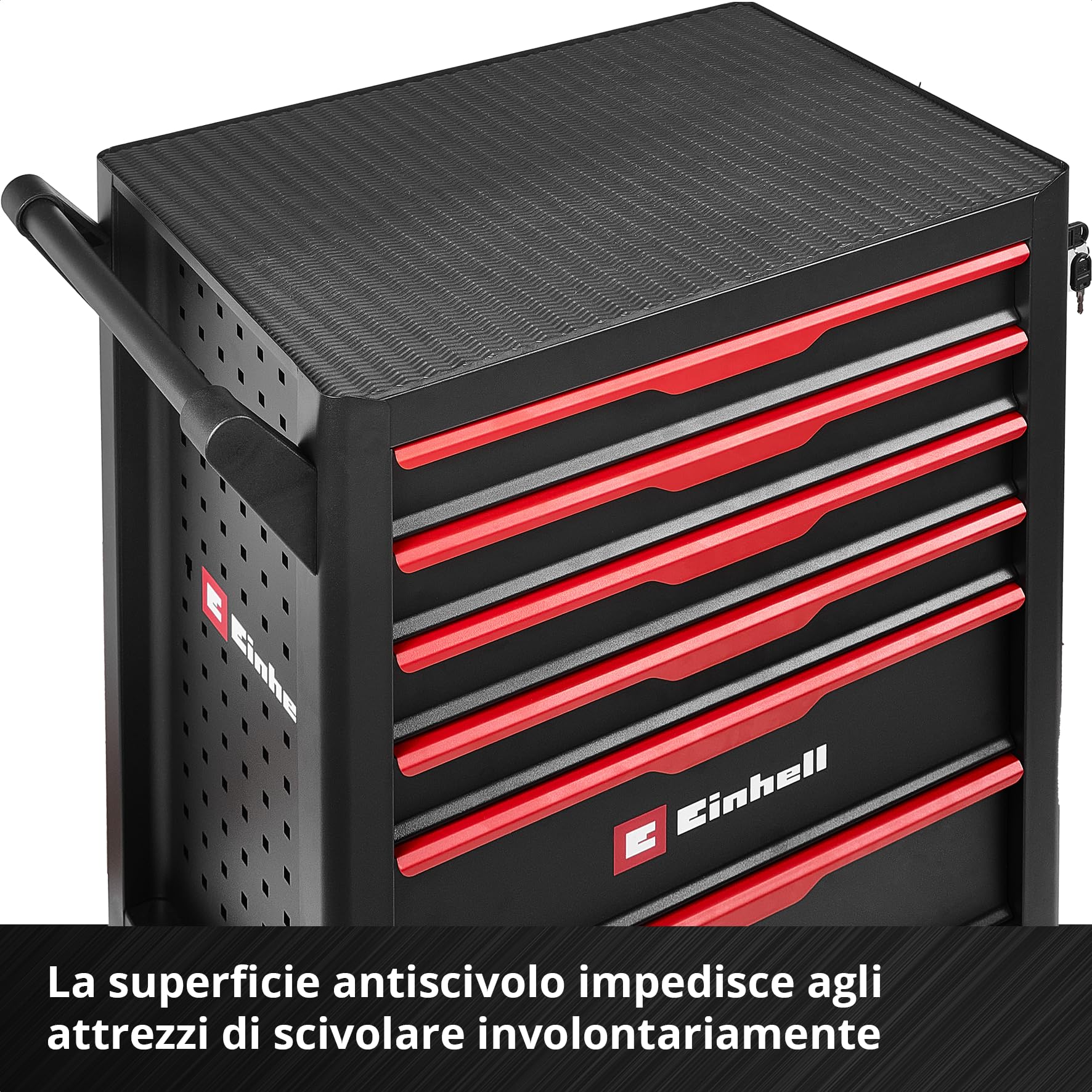 Einhell 149 pezzi carrello portautensili da officina | Inserti da 25 mm | chiavi combinate | set di bussole | cricchetto | pinze | martello da meccanico | livella | metro a nastro