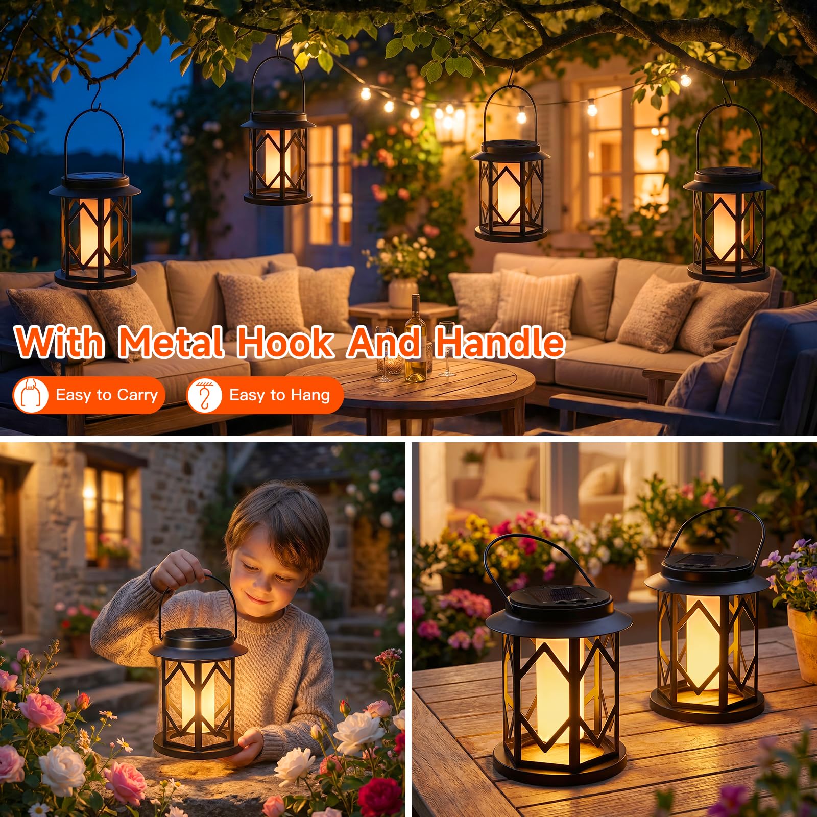 Ketom 2 Pièce Lanterne Solaire Exterieur Jardin, avec Poignée et Crochets | Lampe Solaire avec Bougie Vacillante LED, Lanternes Solaires Exterieures IP65 Étanche, pour Camping Pelouse Balcon Cour