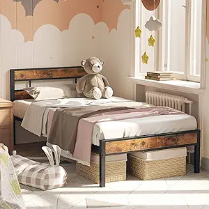 LIKIMIO Twin Bed Frame with Headboard, Easy Assembly, Noise-Free, No Box Spring Needed, Heavy Strong Metal Support Frames, Vintage Brown