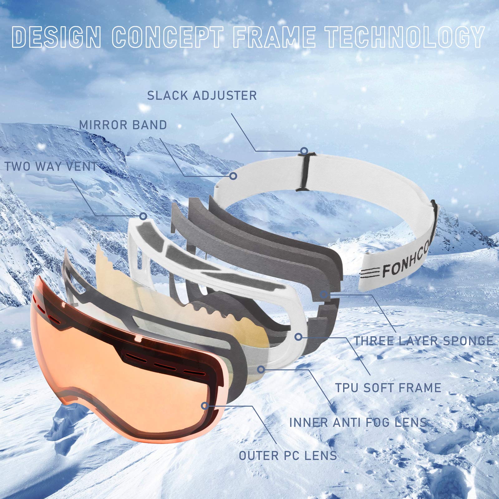 FONHCOO Occhiali da sci per uomo donna, anti-appannamento OTG occhiali da snowboard con lenti staccabili, rosa