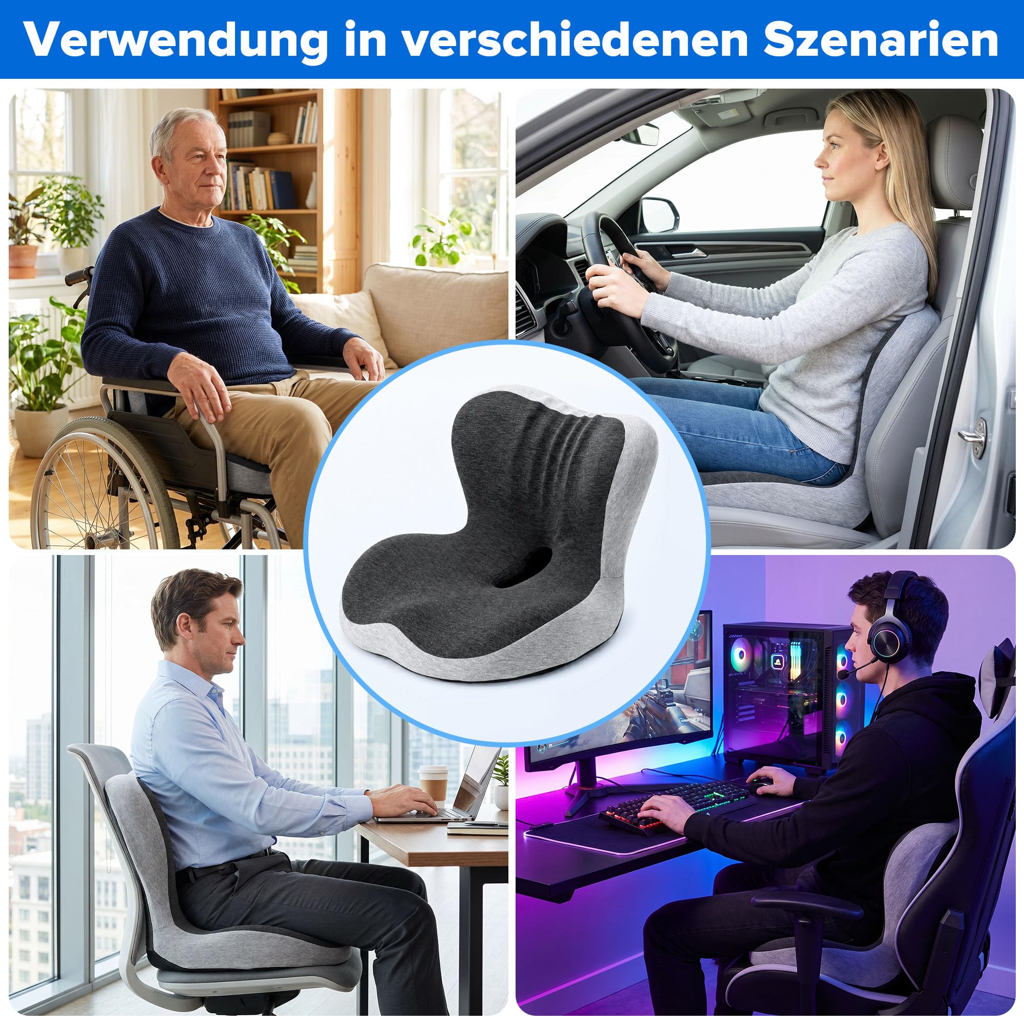 Urban Deco Orthopädisches Sitzkissen mit Rückenlehne, L-förmiges ergonomisches Sitzkissen aus Memoryschaum für Bürostuhl, Auto, Rollstuhl, rückenschonende Wirbelsäulenstütze, Dunkelgrau,1PCS