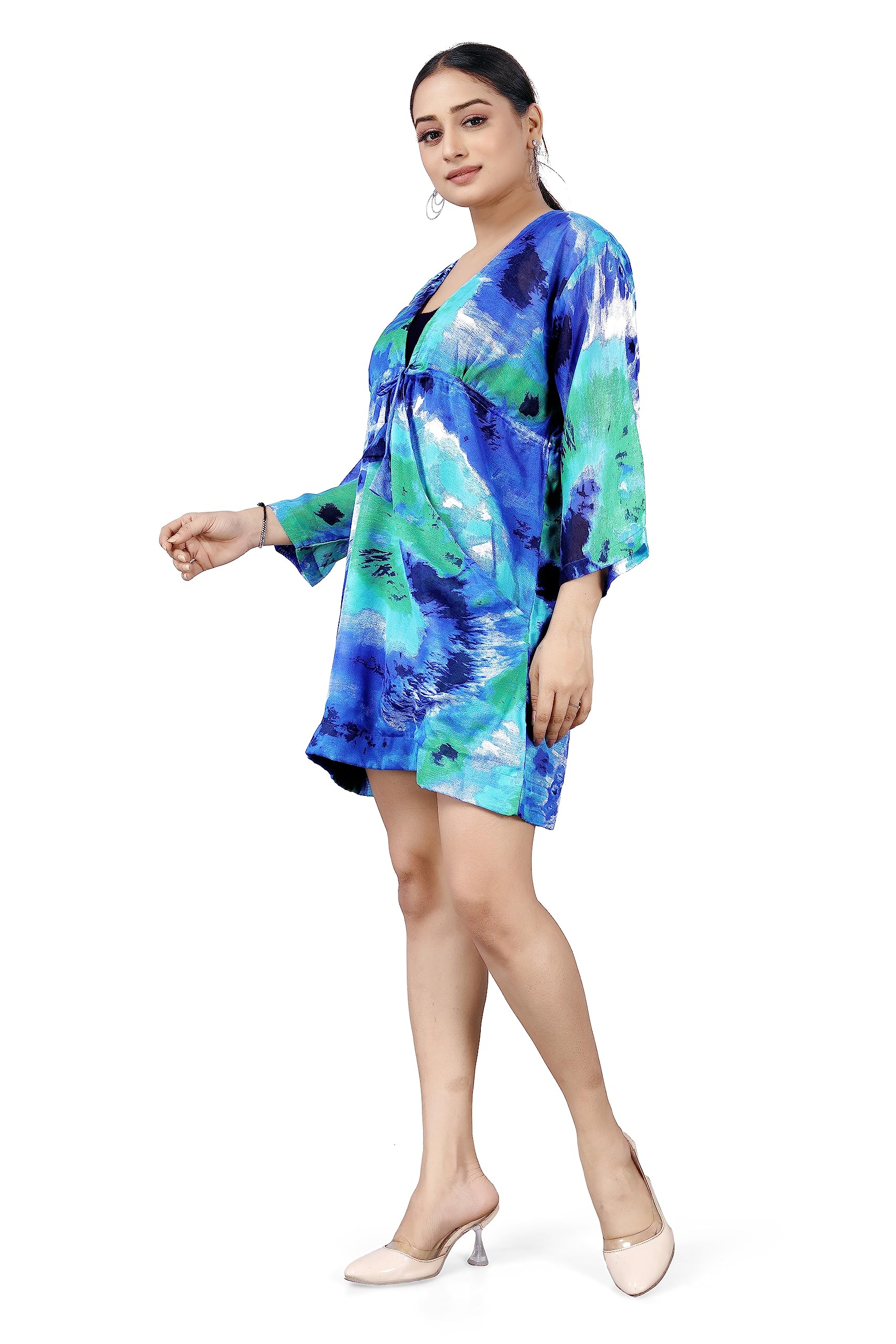 ADISA Women's V-Neck Tie Dye Beach Cover Up, 3/4 Sleeve, Blue and Green Pattern 2