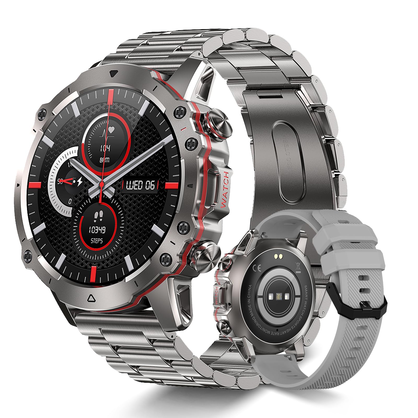 OHUGNA Men's Smartwatch 1.43-inch HD Touch Military All Steel Fitness Sports Watch, Bluetooth Talk, Multiple Sport Modes, IP67 Waterproof, 40mAh for IOS and Android (Steel Silver Red)