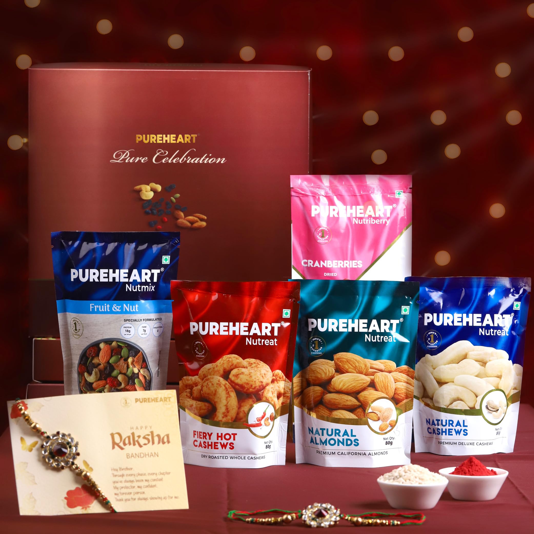 PUREHEART Rakhi Gift - Natural and Fieryhot Cashews, Almonds, Fruit & Nut Nutmix, Black Raisins (80g each), Cadbury Bournville Dark Chocolate with Rakhi for Brother, Card, Rice, Kumkum-image-19