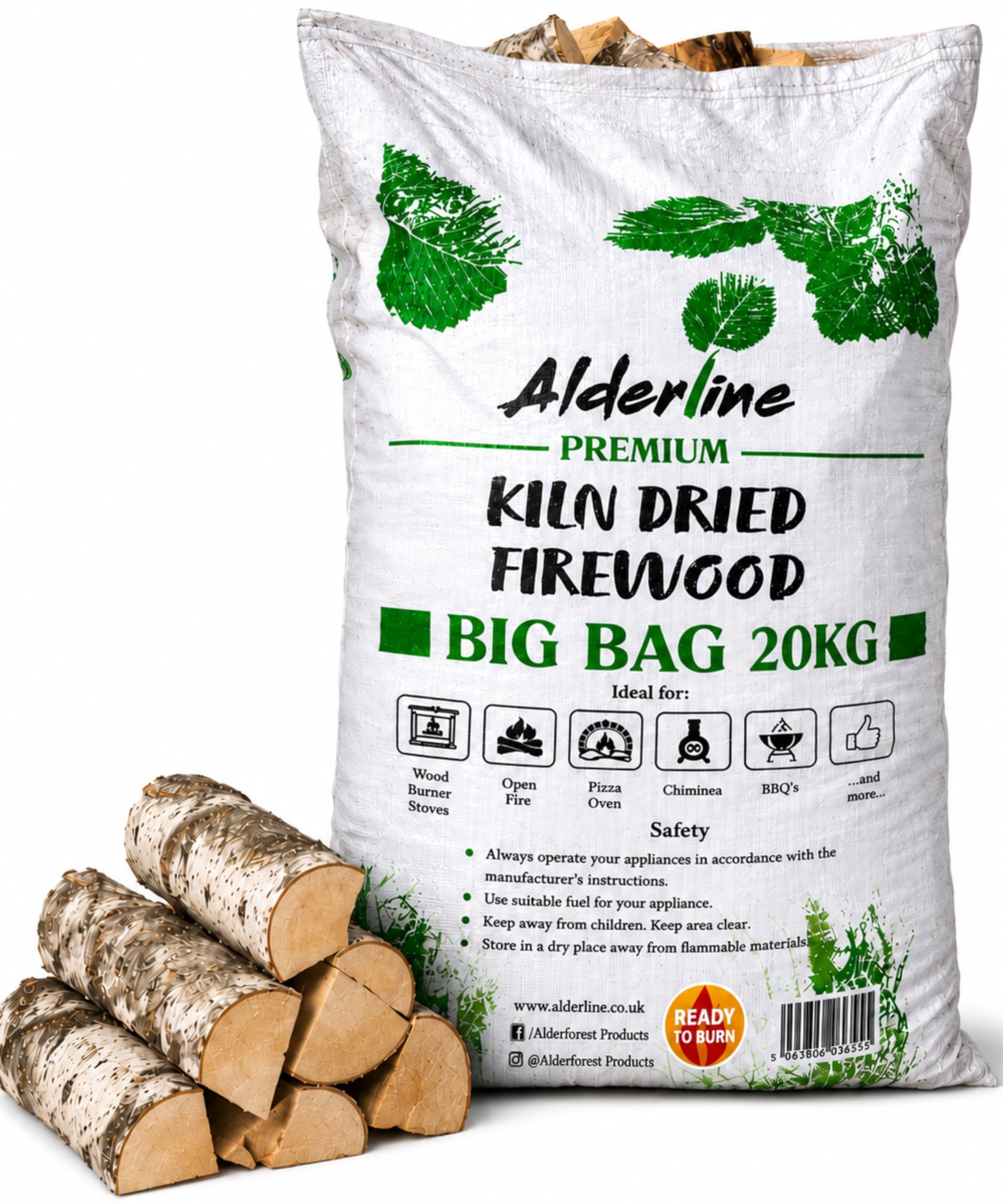 Alderline Brown Premium Kiln Dried Birch Hardwood Logs 20Kg - Ready To Burn Certified Firewood, Smokeless Fire Logs For Wood Burners, Stoves, Fire Pits