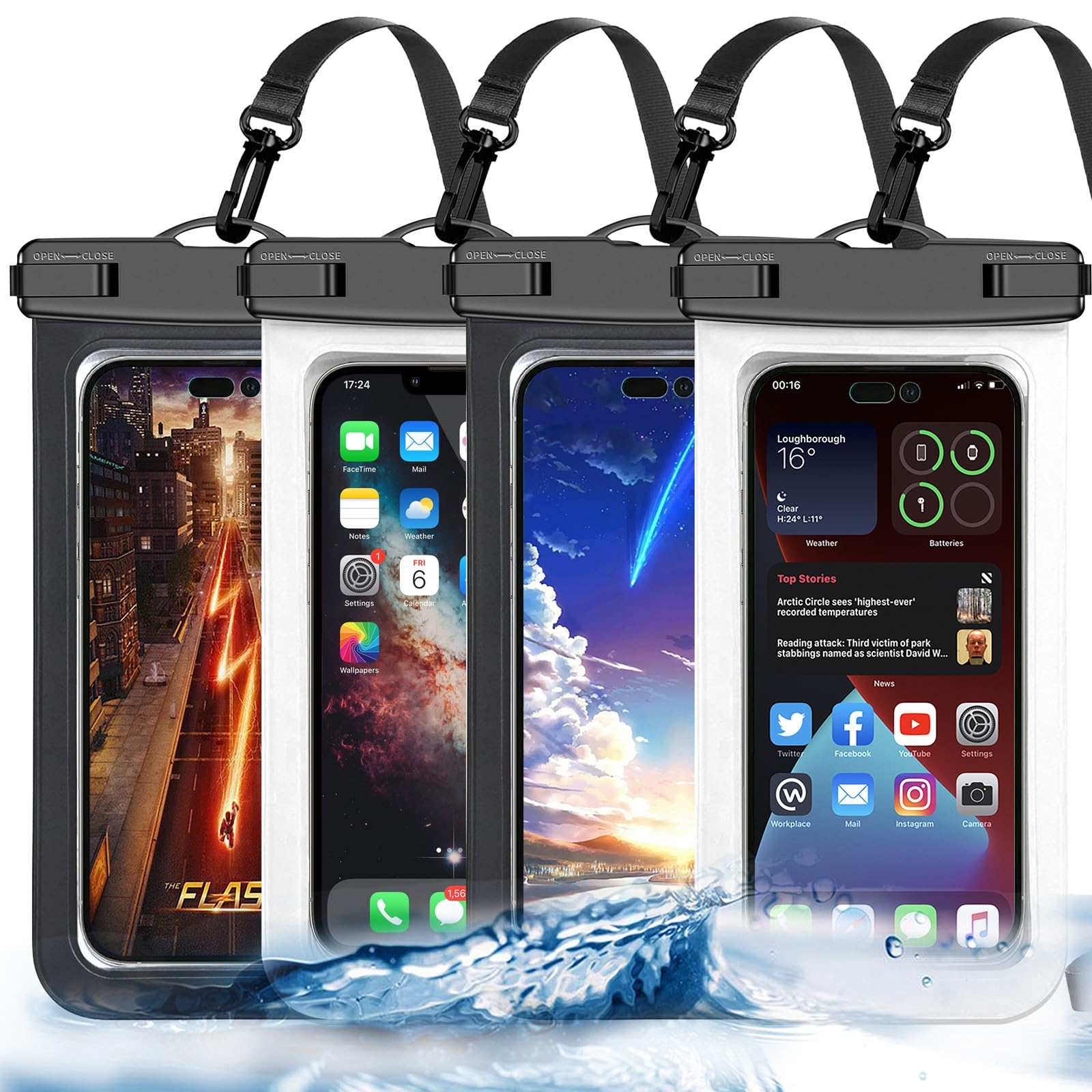 Waterproof Phone Pouch,4 Pack Black White Phone Waterproof Case,Cell Phone Dry Bag,Protection Level: IP68,Beach Cruise for Apple iPhone,Samsung,and