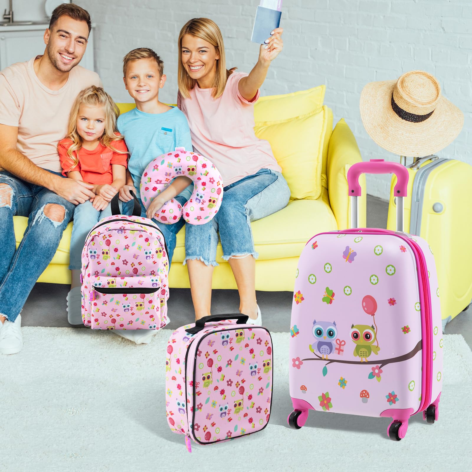 DREAMADE 5tlg Kinderkoffer Set, Kinder Reisekoffer mit Rucksack, Nackenkissen, Lunchtasche & Kofferanhänger, Reisetrolley mit Rollen für Kinder ab 3 Jahren, 30 x 23 x 46cm (Pink-Eule)