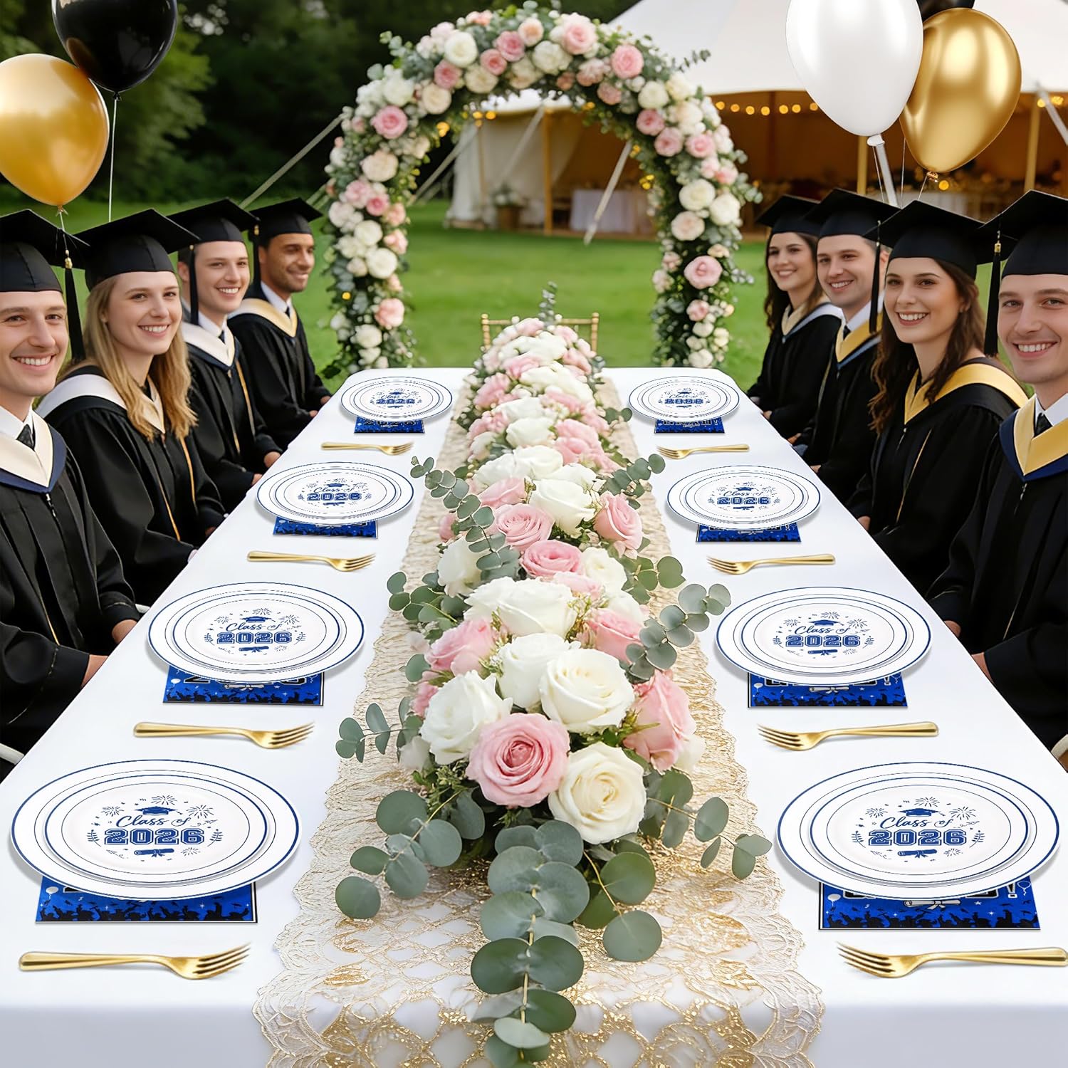 120 Pcs Graduation Plastic Plates, 2026 White Blue Graduation Disposable Plates for 30 Guests,30 Dinner Plates 10 inch & 30 Dessert Plates 7 inch Cocktail Napkins for Party,Holiday