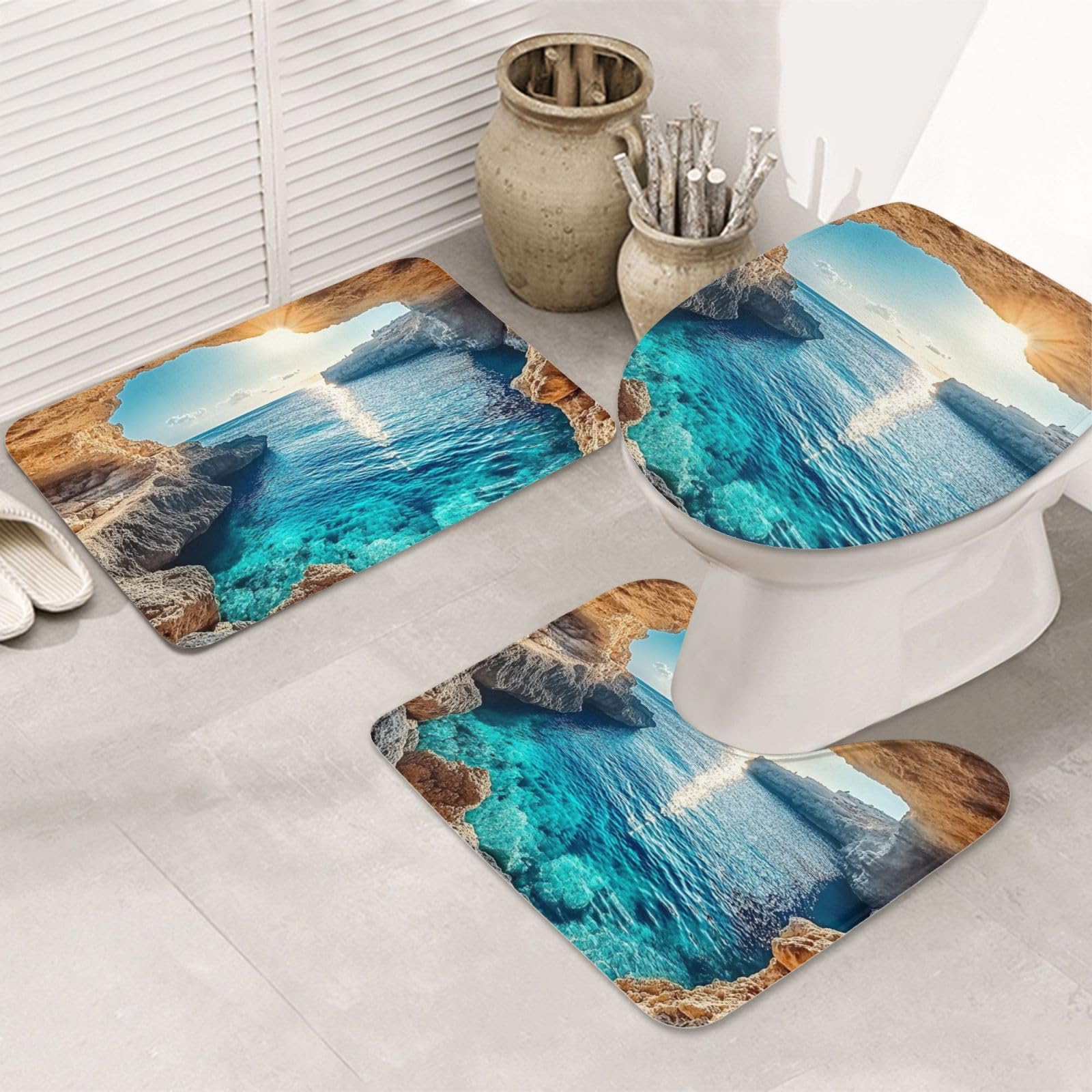 Alfombras de baño Sea Cave evita resbalones en el suelo húmedo con este juego de 3 piezas lavable