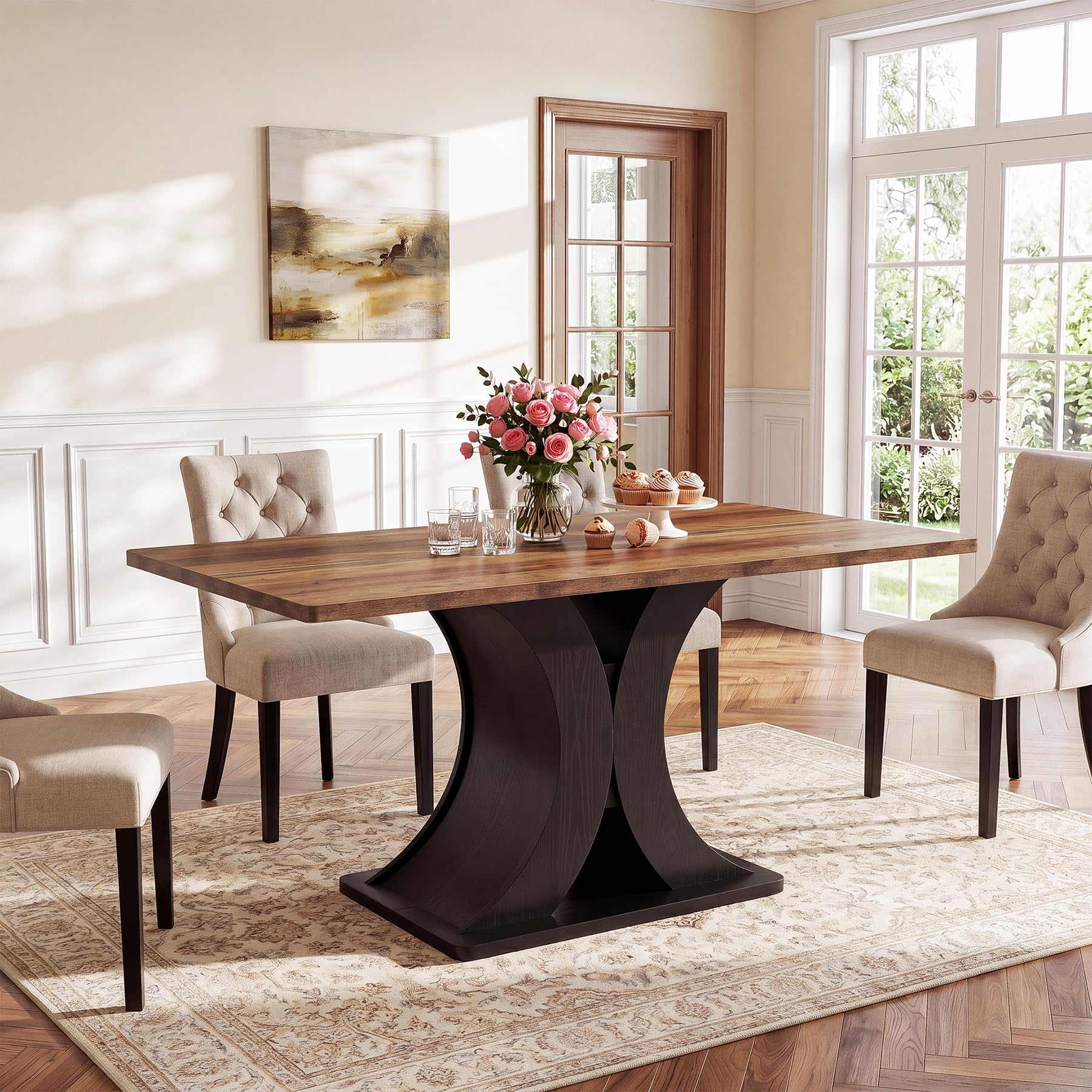 Tribesigns Mesa de comedor 140 x 80 cm, mesa de cocina industrial rústica para 4-6, mesa rectangular de madera con base de metal macizo, negro y marrón, fácil montaje