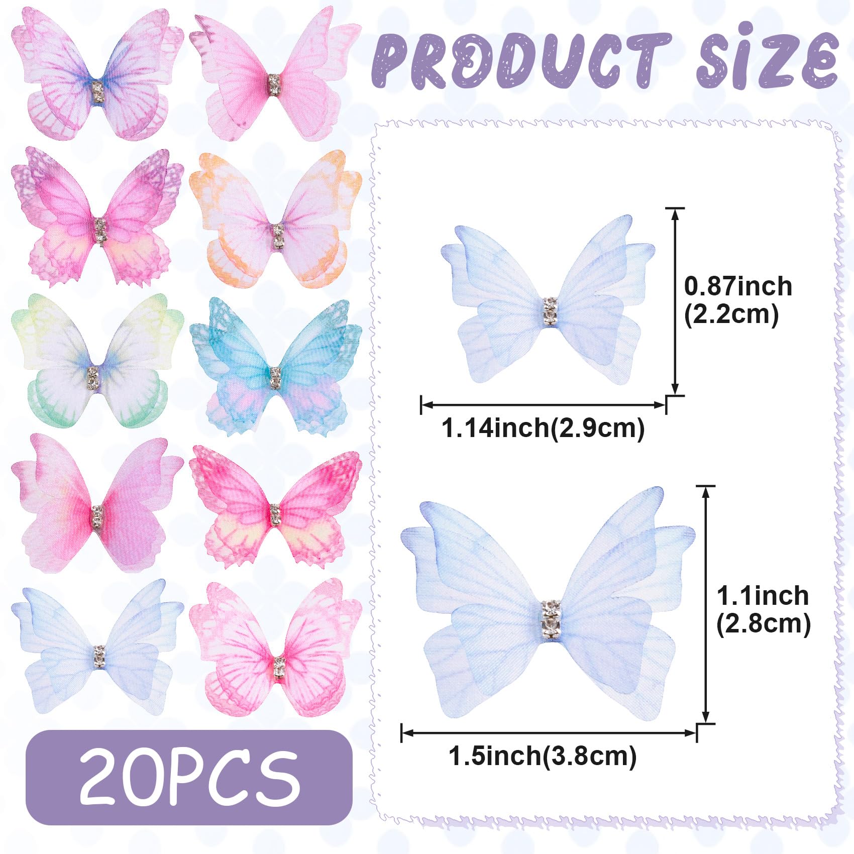 PAGOW 20pcs Mini 3D Butterflies for Crafts, Colorful Double-Layer Organza Fabric Butterflies Decorations, Cute Tiny Butterfly Hair Clips Appliques Accessories for Wedding, Party, Wall Ornament - 3