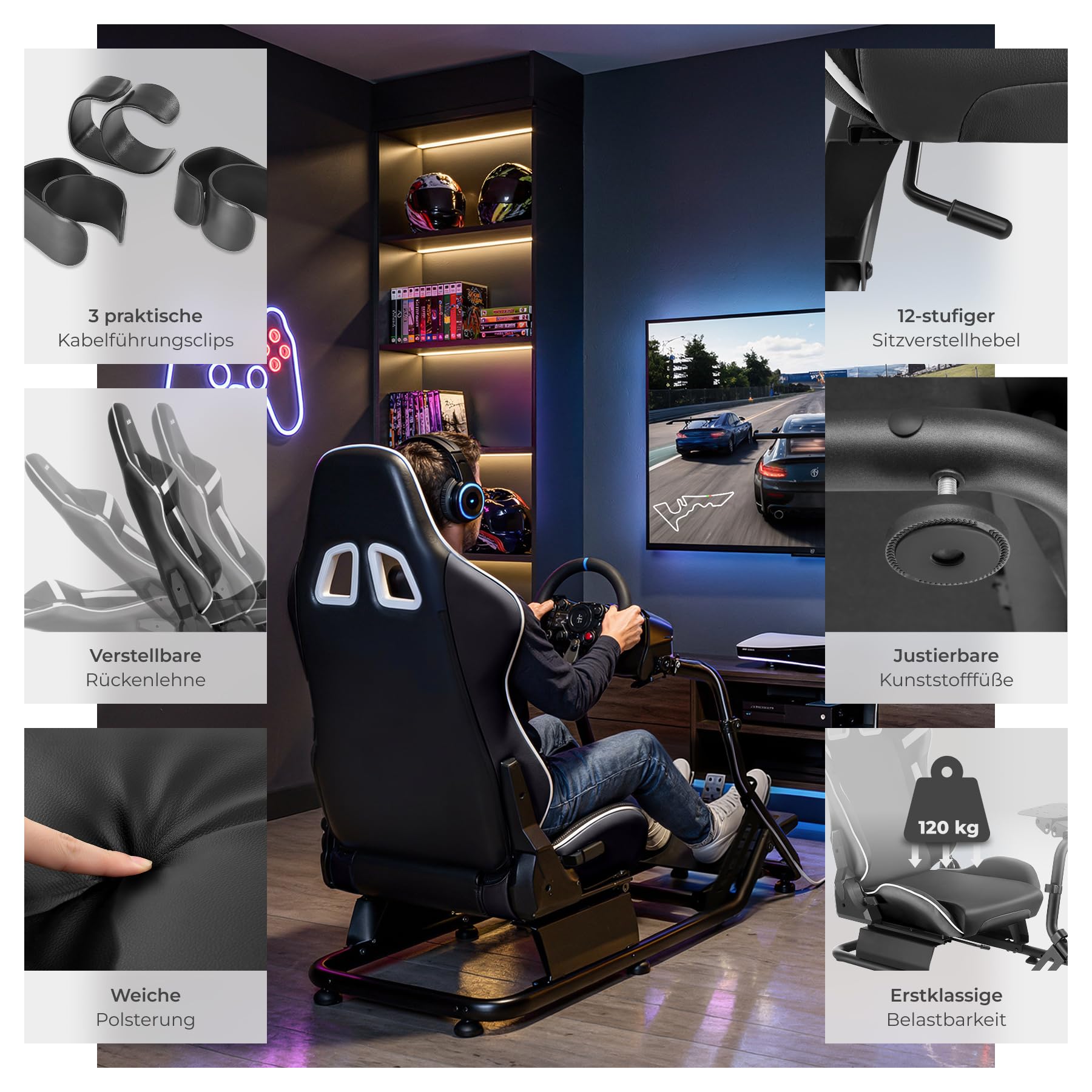 tectake® Sim Racing Cockpit kompatibel mit Fanatec, Logitech, Thrustmaster, GT-Style Rennsitz verstellbar, 120 kg belastbar, Gaming Stuhl Simulator, ohne Lenkrad Pedale, Stahlgestell - schwarz/schwarz