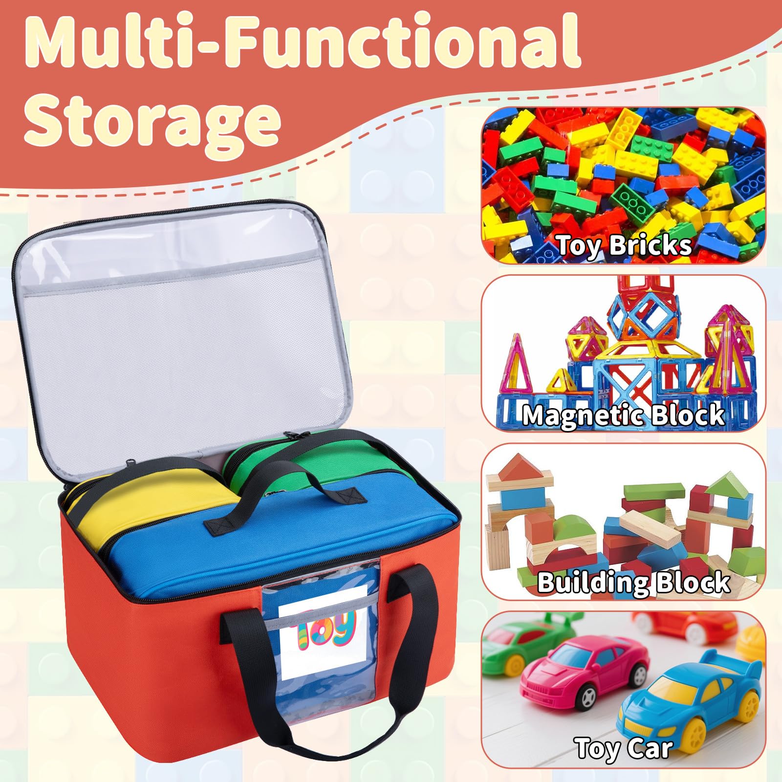 Wigojoy 4 PCS Toy Storage Bags?Magnatiles Storage Bin With Visual Top Flap, Label Pocket and Mesh Pockets Fit for LEGO, Building Blocks, Magnetic Tiles, Toy Cars