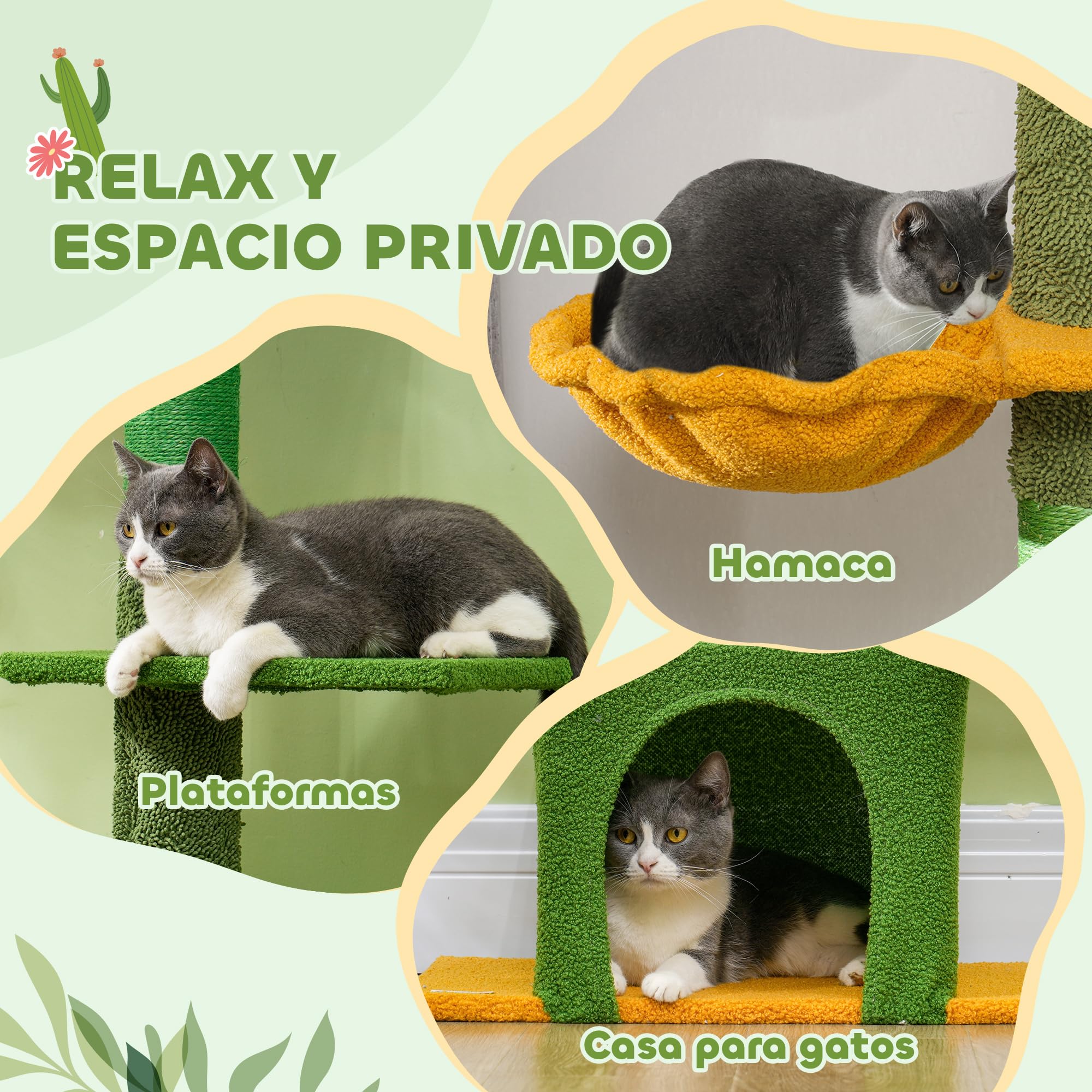 PawHut Árbol para Gatos de Suelo a Techo de 230-275 cm Torre Verde | Altura Ajustable, Plataformas, Cueva, Hamaca, Postes de Sisal, Bola de Juguete