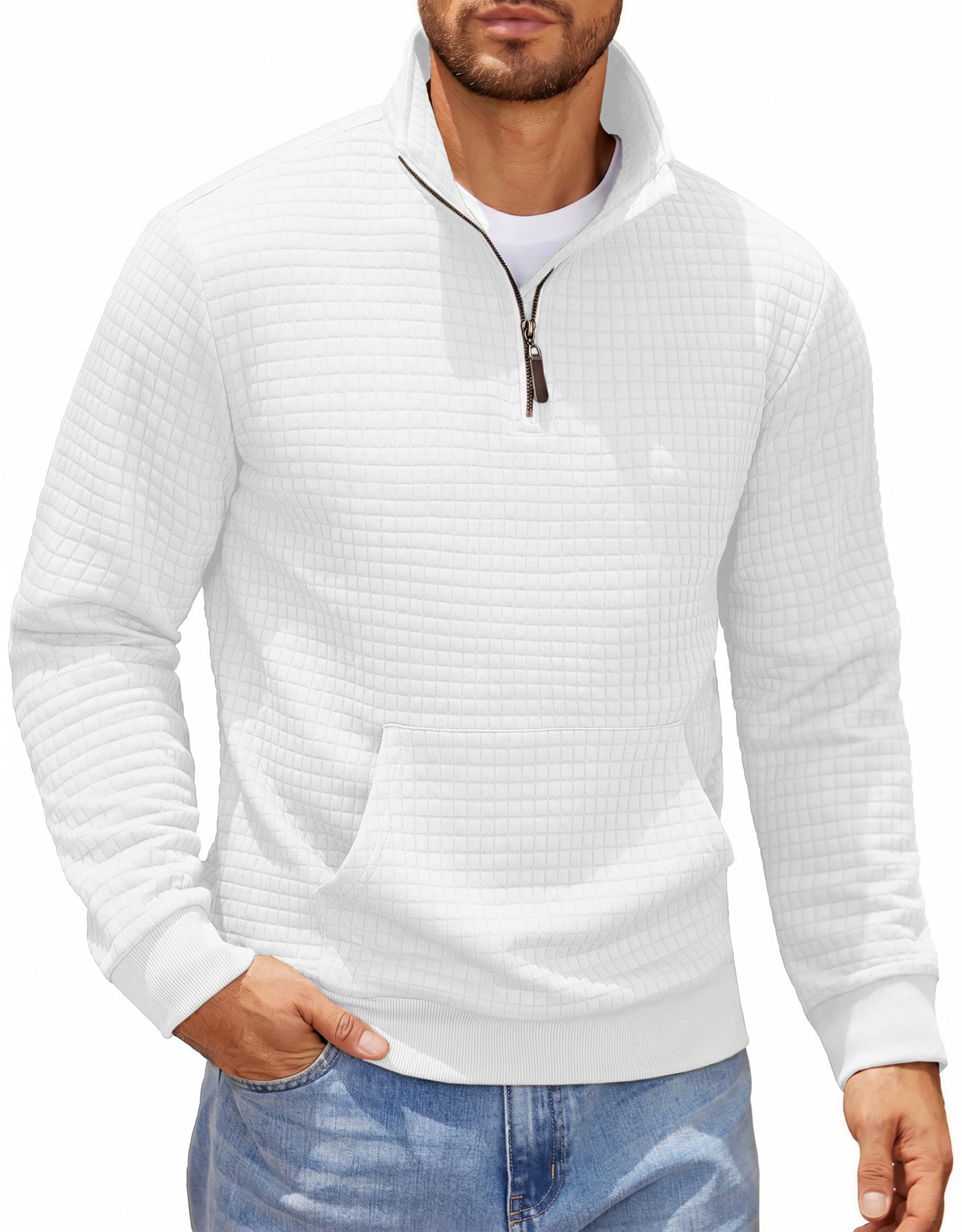 Mens Quarter Zip Sweatshirt Long Sleeve Casual Waffle Pullover Hoodies with Pocket