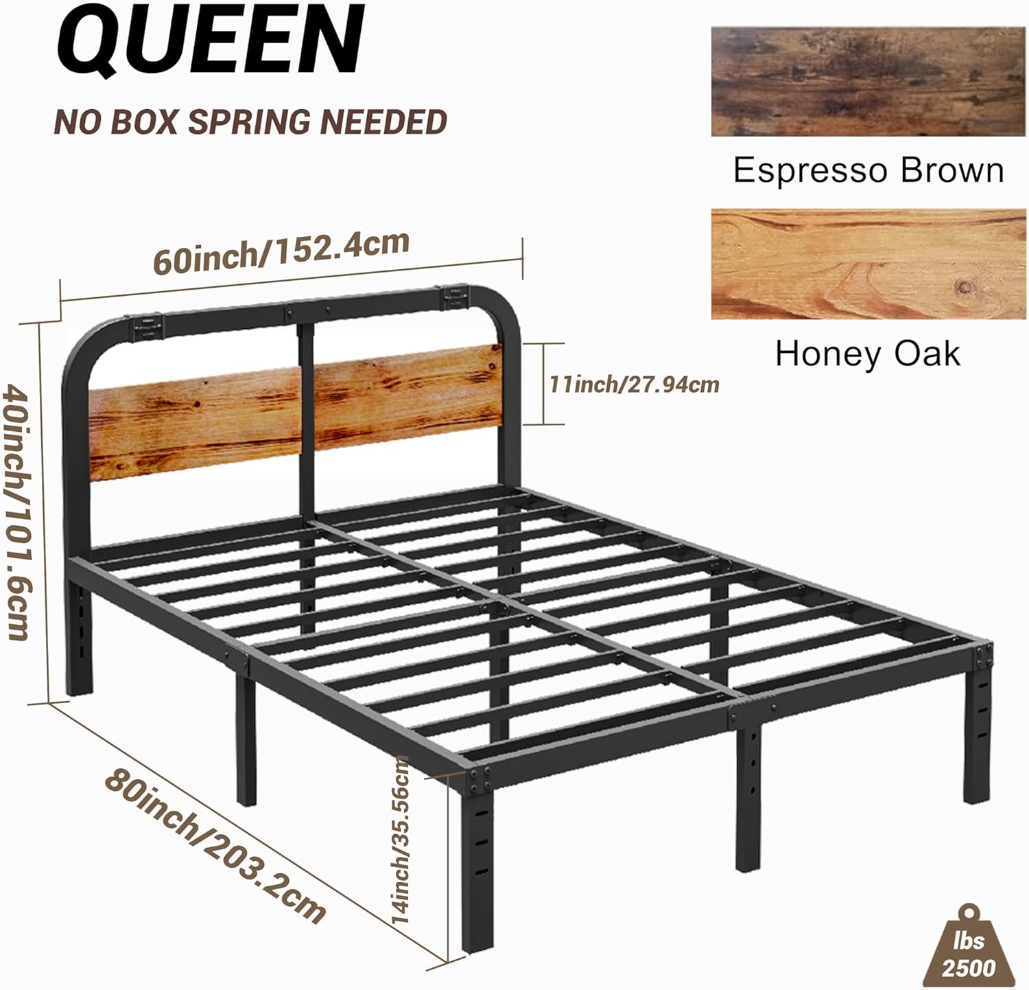 ZIYOO 14 Inch Queen Size Metal Bed Frame with Wooden Headboard American Country Style Ideal for Vacation Home & Wooden House Easy to Assemble 1500 lbs Capacity No Box Spring Required Honey Oak
