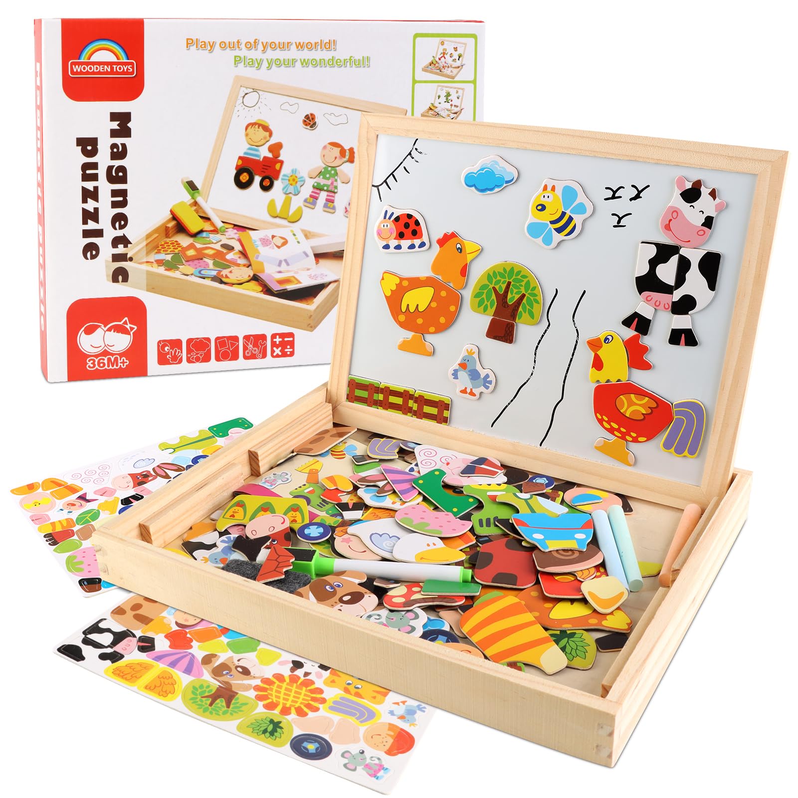 Wooden Magnetic Easel for Kids Magnetic Board for Kids Magnetic Dry-Erase Board and Chalkboard Double-Sided Tabletop Easel with Farm Theme Magnetic Puzzles for Boys and Girls