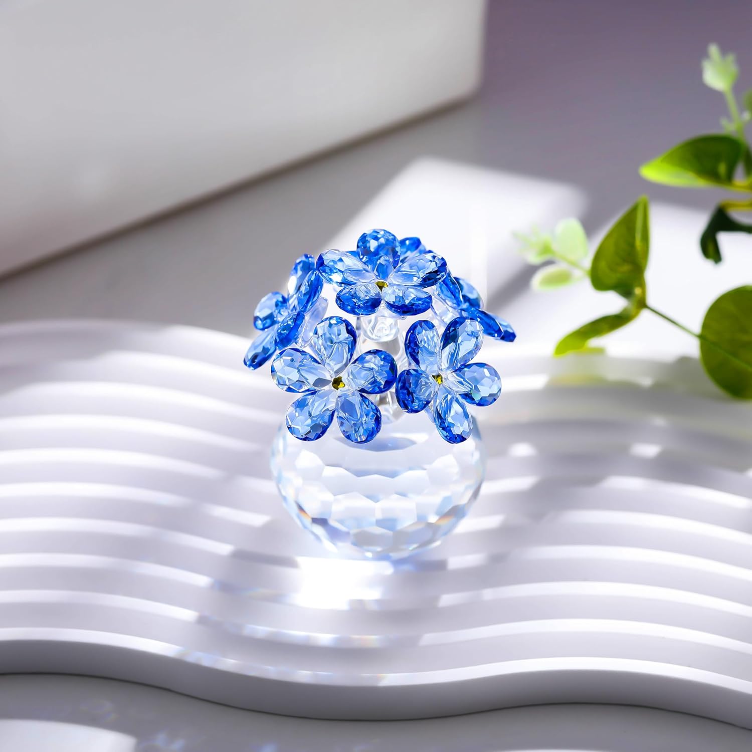 Qianwei Blue Crystal Flowers Figurine - Forget Me Not Gifts Sympathy Glass Flowers Collectible Figurines Decor Paperweight Ornament Home Office Table Desk Decorations - Image 4