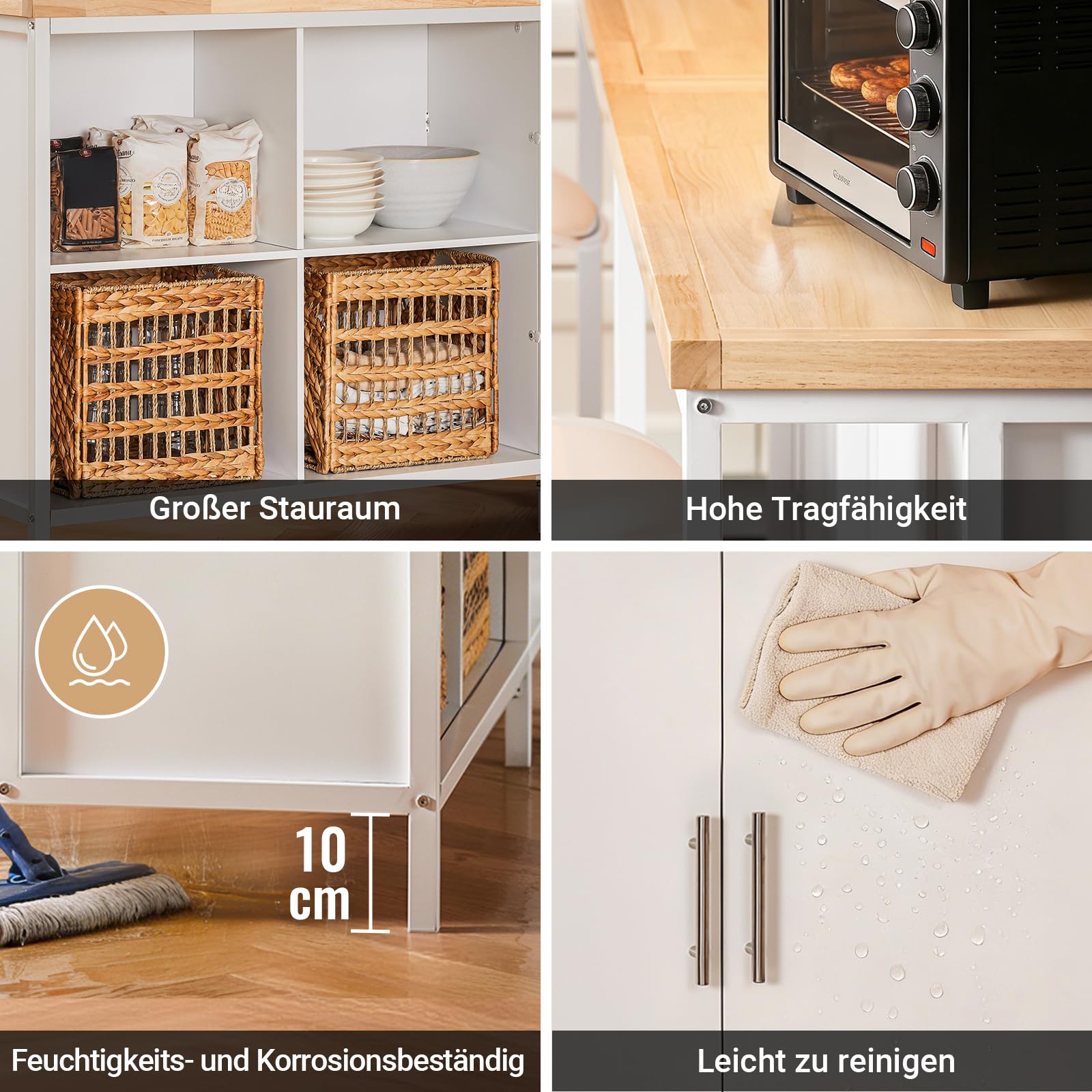 SoBuy Îlot Central Cuisine avec 4 niches et Tablette réglable, 170x89x60cm | Îlot de Cuisine 3-en-1 avec grand plan, charge 145 kg, robuste et facile à nettoyer, MDF, cuisine/repas/salon, KNL09-WN