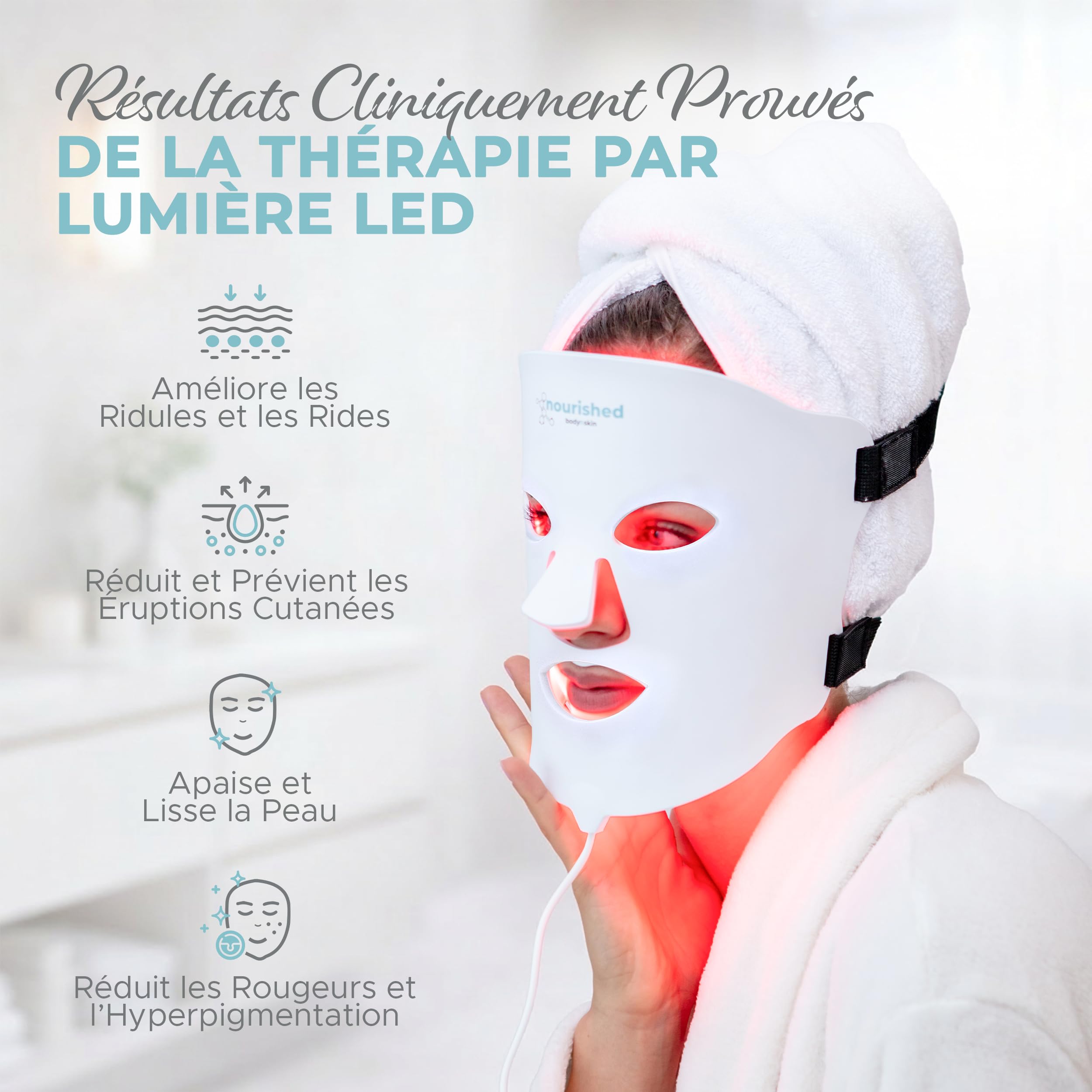 Nourished Bodynskin Masque Visage et Cou de Luminothérapie LED - Appareil de Soin de la Peau du Visage - 7 Couleurs Rouge et Bleu - Rajeunissement, Produit Anti-âge pour les Rides.