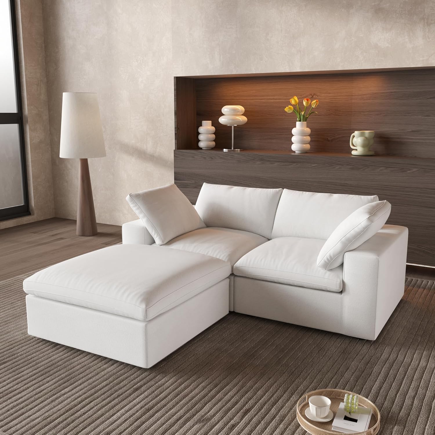 Cloud Couch Modular Sectional Sofa with Storage Ottoman,L Shaped Couch for Living Room,80.3" inch Down Filled 3 Seater Convertible Sectional Sofas for Office Apartment,White