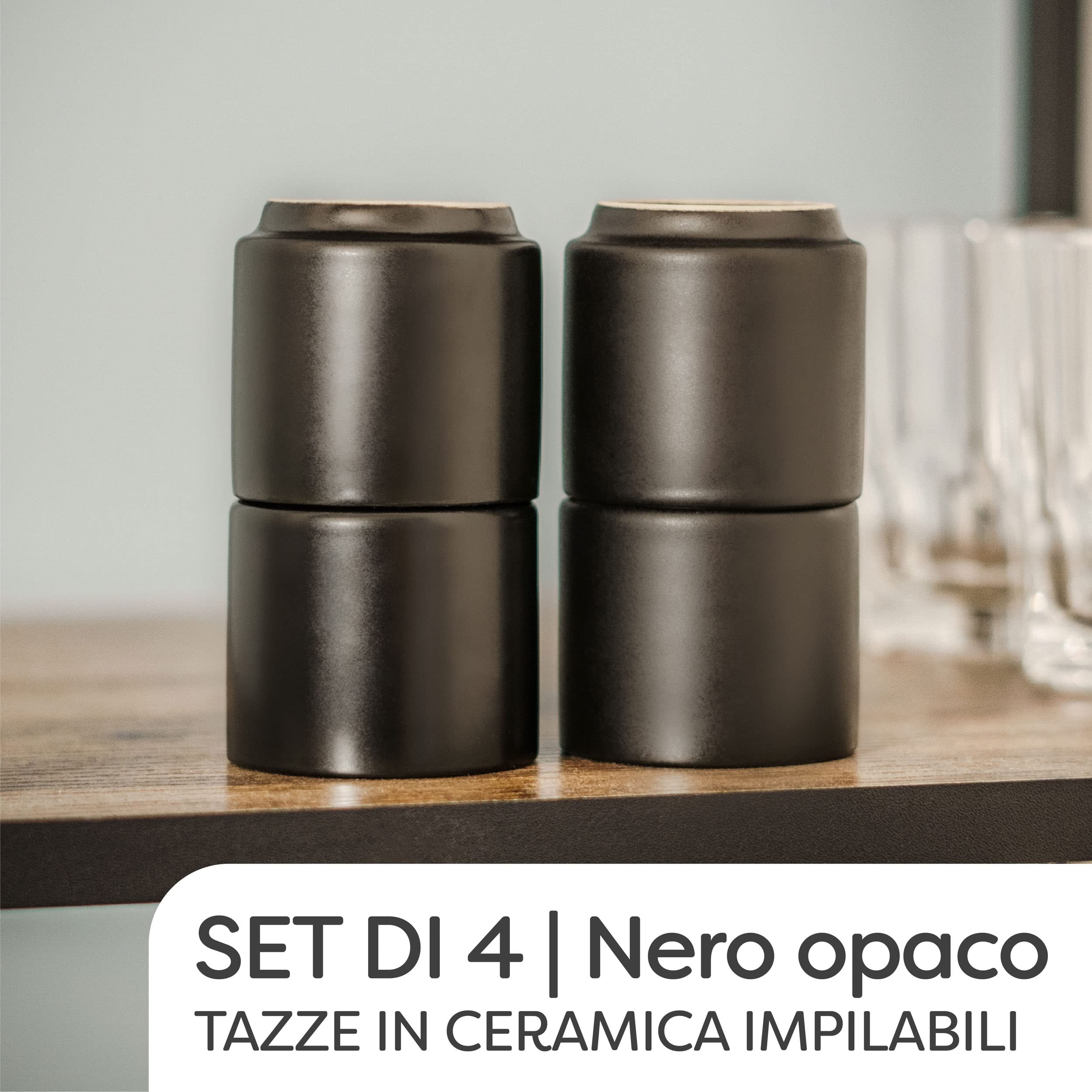 Cosumy Set di 4 Tazze da Espresso in Ceramica Nera - Design Impilabile - Pareti Spesse - Lavabile in Lavastoviglie - 70 ml