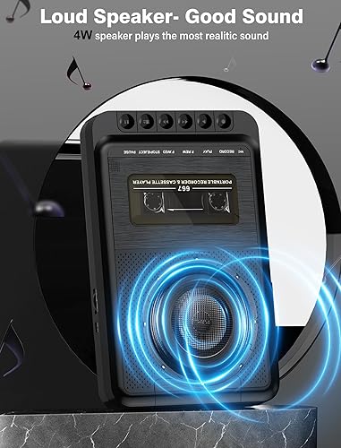Miniatura 4 de Reproductor de casete portátil con grabadora de cinta de casete de altavoz grande de 3 W a través de micrófono Bluetooth, reproductor de cinta de