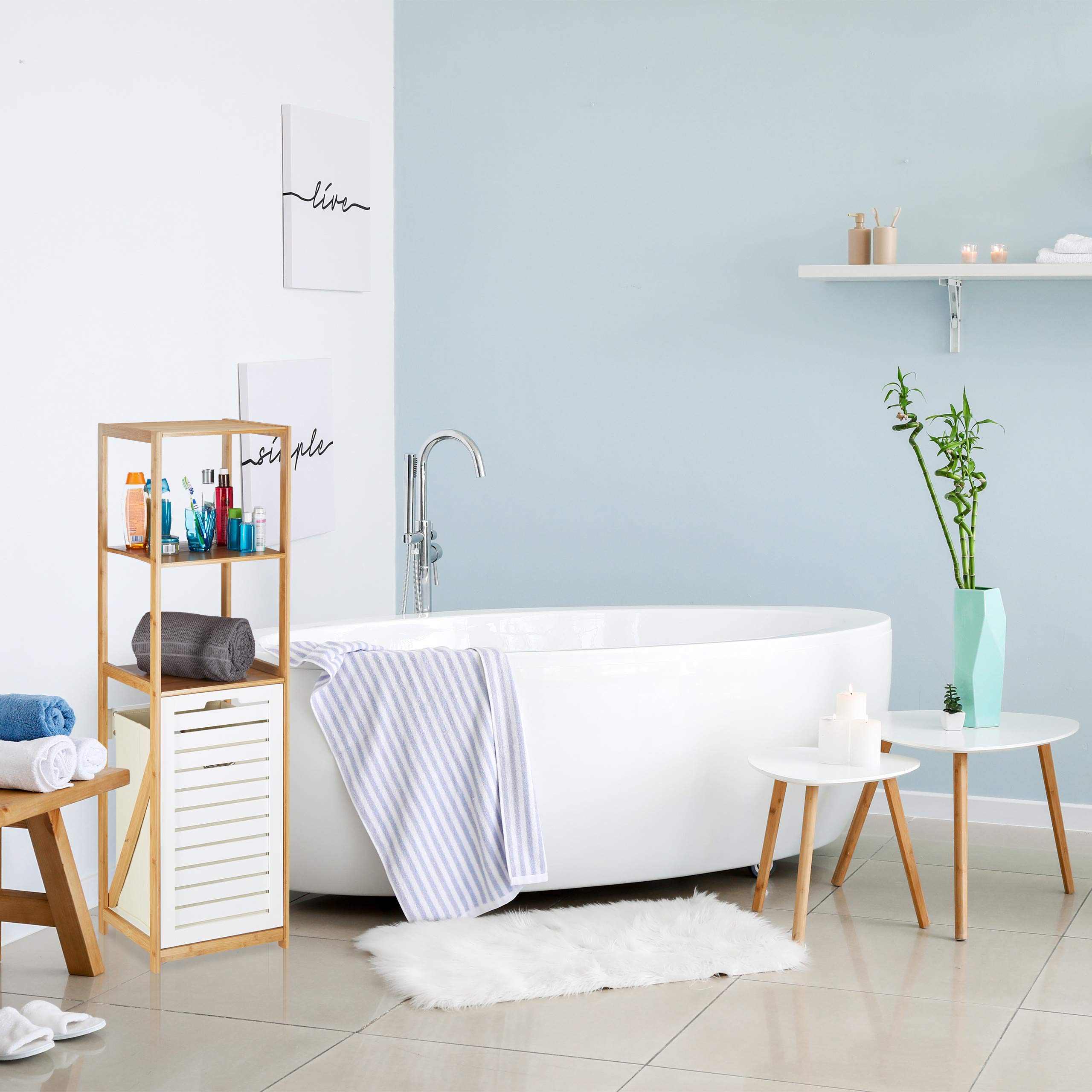Relaxdays Scaffale a Colonna per il Bagno con Cestino Portabiancheria, Bambù, 3 Ripiani, HxLxP 130 x 37 x 33 cm, Marrone