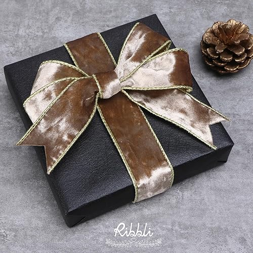 Vista 192 de Ribbli - Cinta de terciopelo dorado verde oscuro metálico con alambre de 2.5 pulgadas, cinta navideña de terciopelo arrugado para envoltura, decorar
