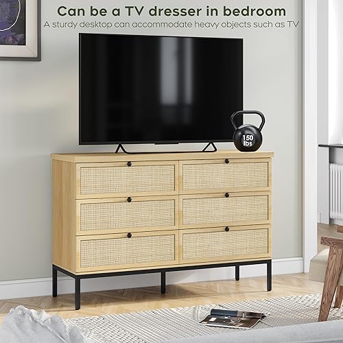 Miniatura 6 de Yechen Cómoda moderna de 6 cajones con cajones de ratán natural, doble cómoda de madera industrial para dormitorio con patas de acero resistentes,